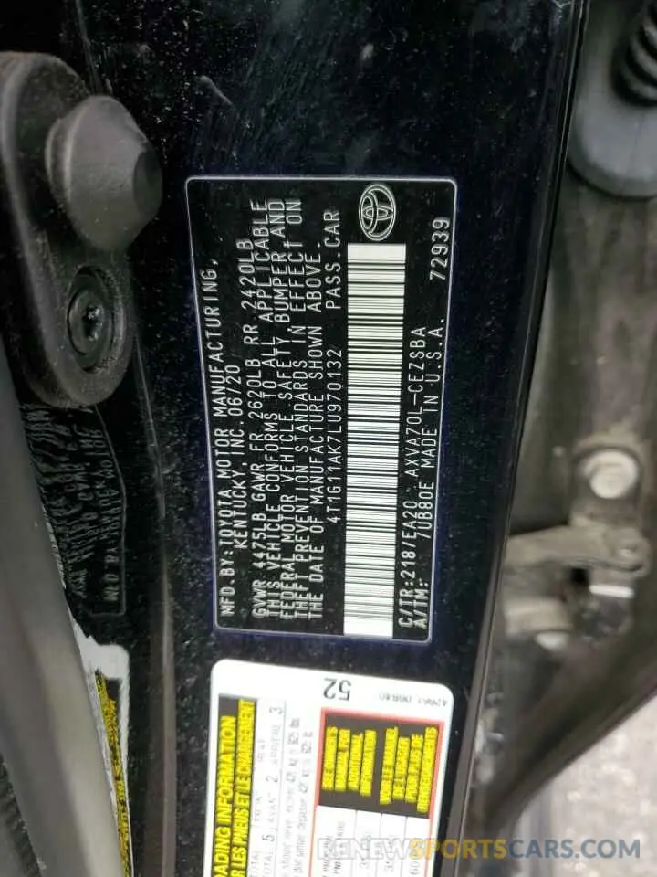 12 Photograph of a damaged car 4T1G11AK7LU970132 TOYOTA CAMRY 2020