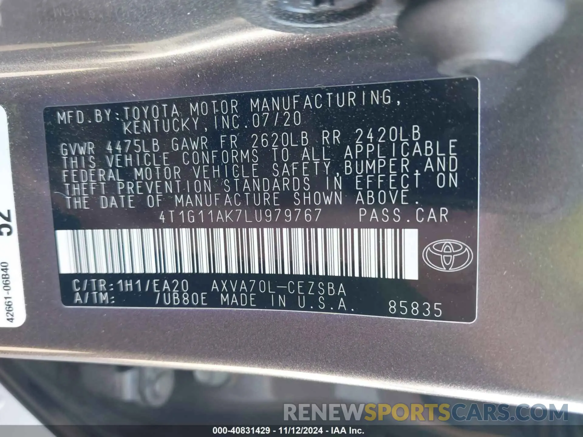 9 Photograph of a damaged car 4T1G11AK7LU979767 TOYOTA CAMRY 2020