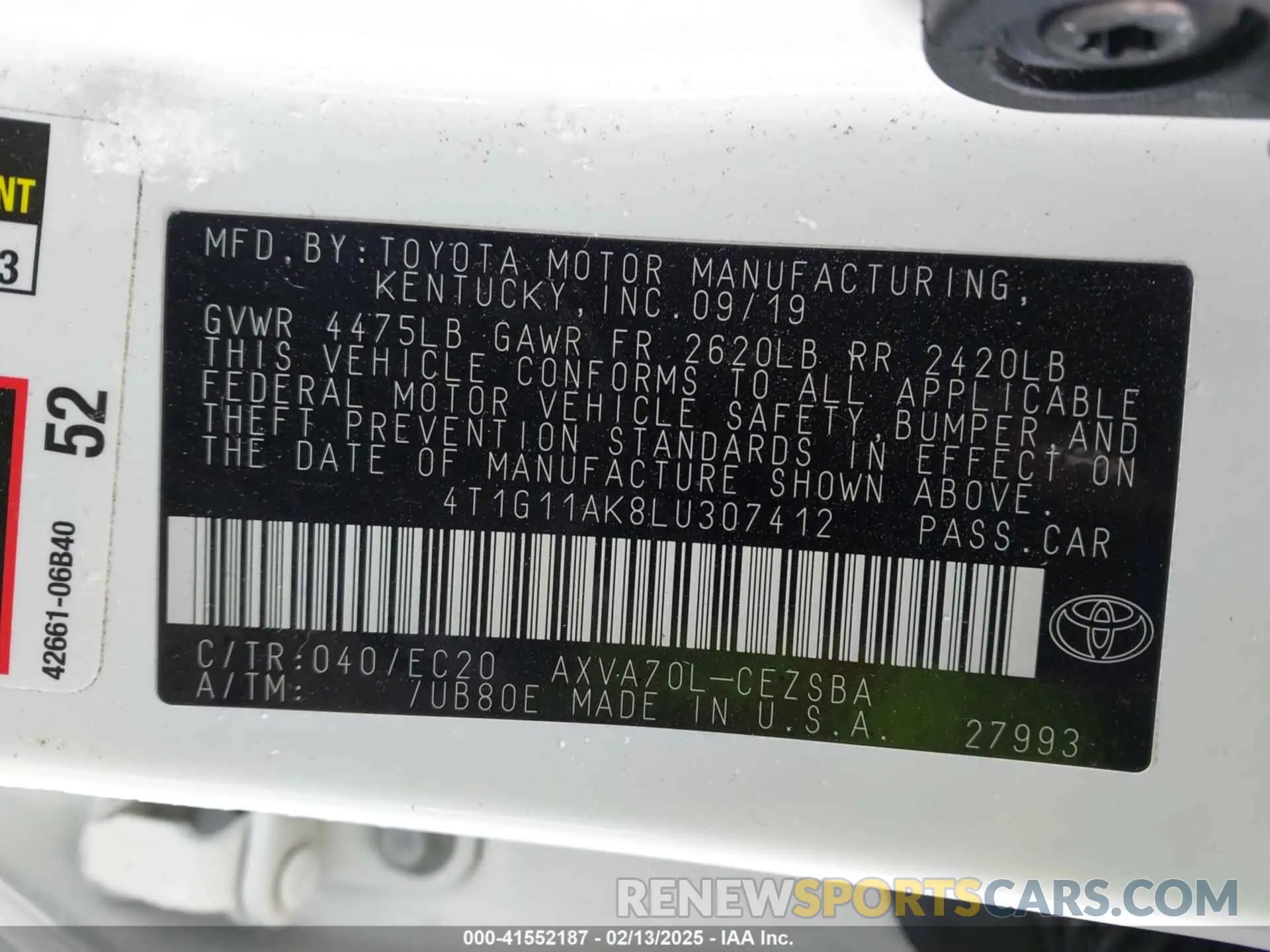 9 Photograph of a damaged car 4T1G11AK8LU307412 TOYOTA CAMRY 2020