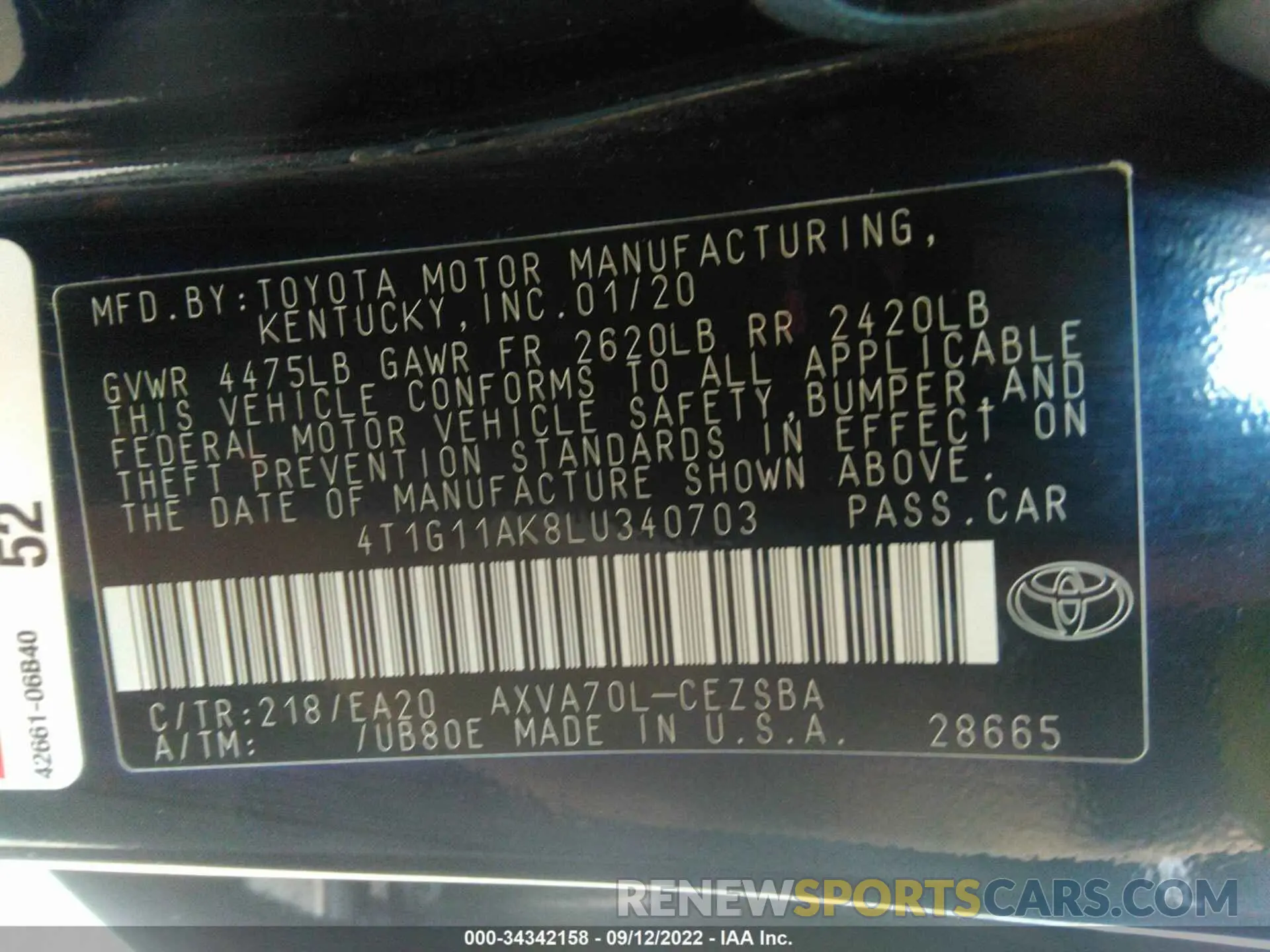 9 Photograph of a damaged car 4T1G11AK8LU340703 TOYOTA CAMRY 2020