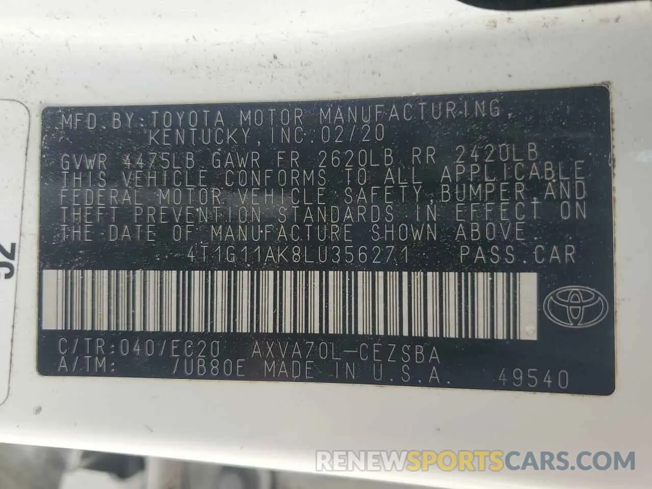 13 Photograph of a damaged car 4T1G11AK8LU356271 TOYOTA CAMRY 2020