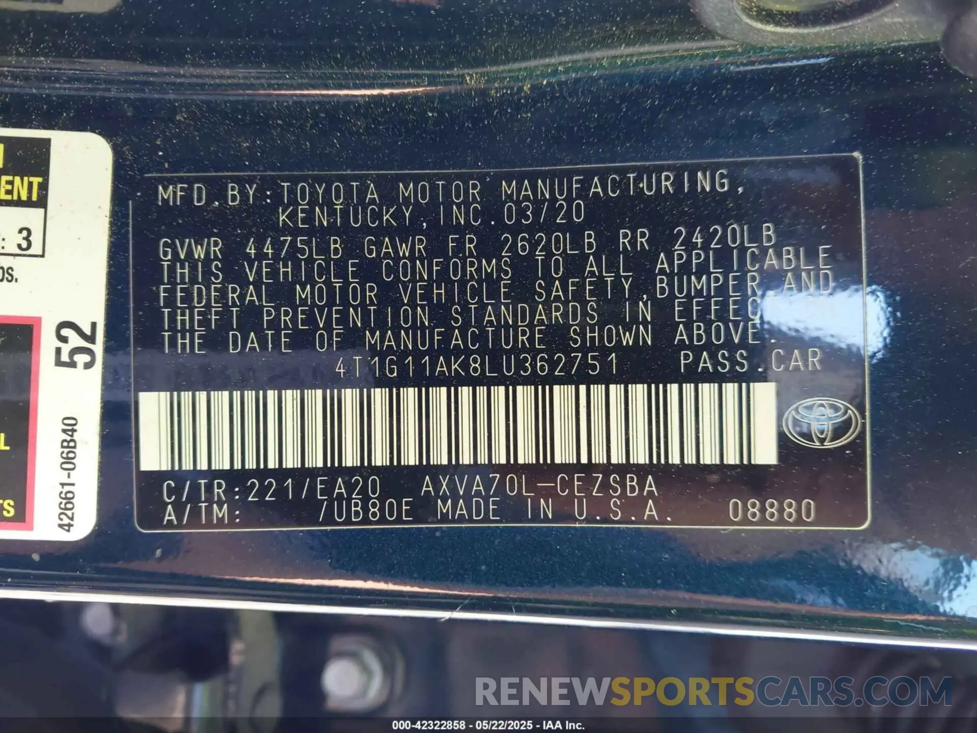 9 Photograph of a damaged car 4T1G11AK8LU362751 TOYOTA CAMRY 2020