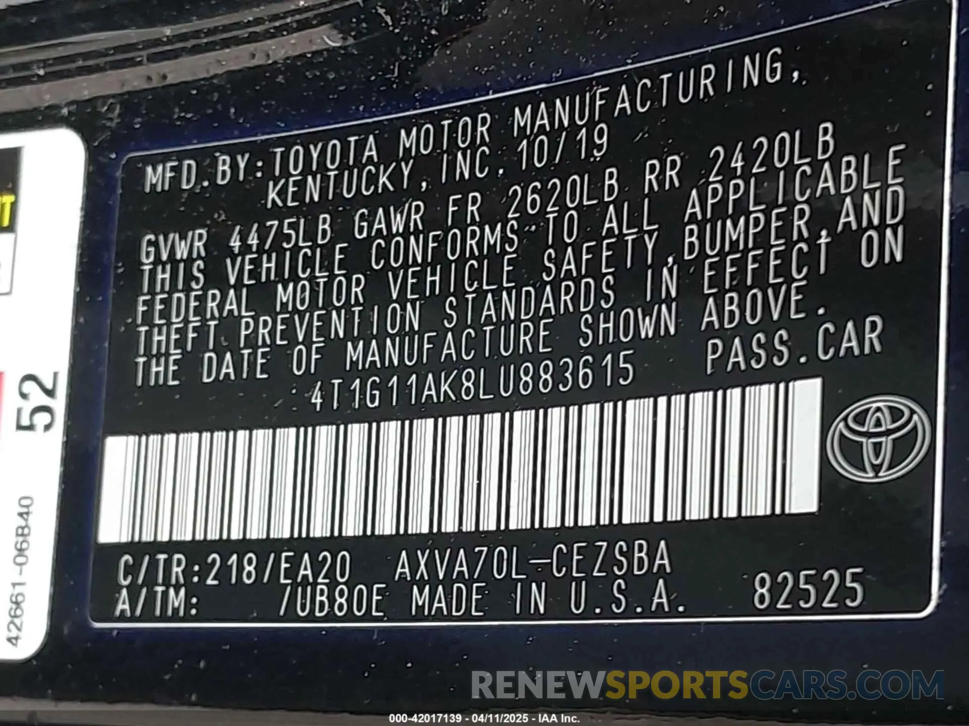 9 Photograph of a damaged car 4T1G11AK8LU883615 TOYOTA CAMRY 2020