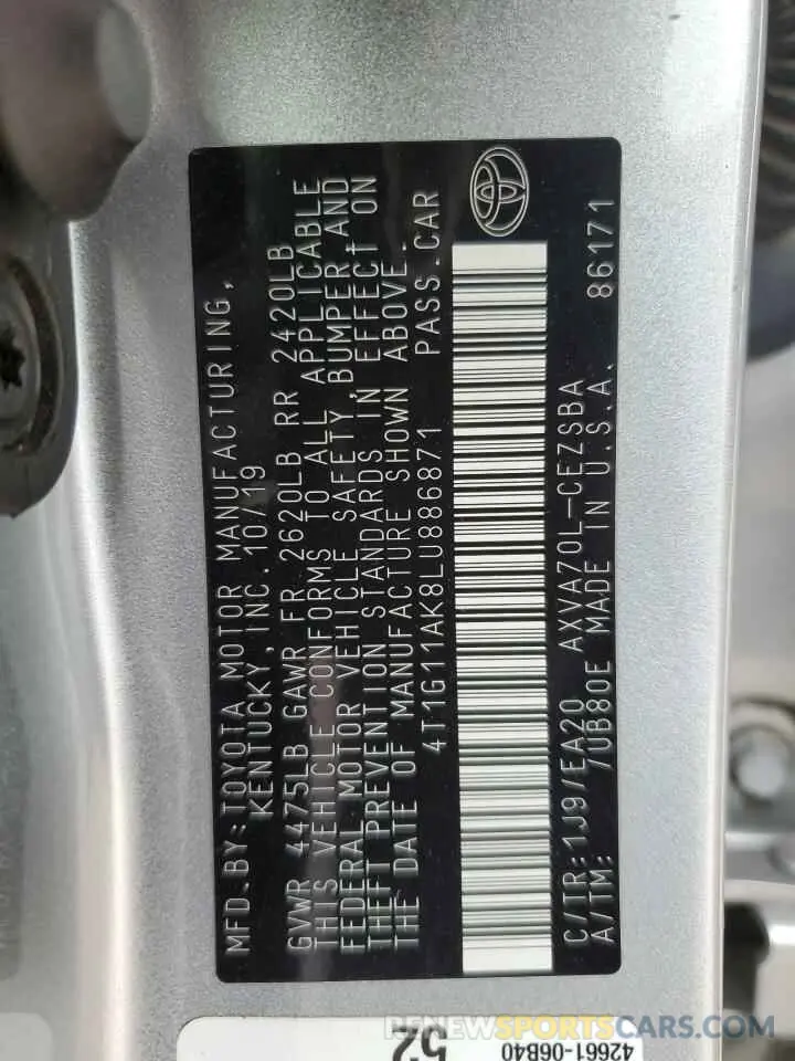12 Photograph of a damaged car 4T1G11AK8LU886871 TOYOTA CAMRY 2020