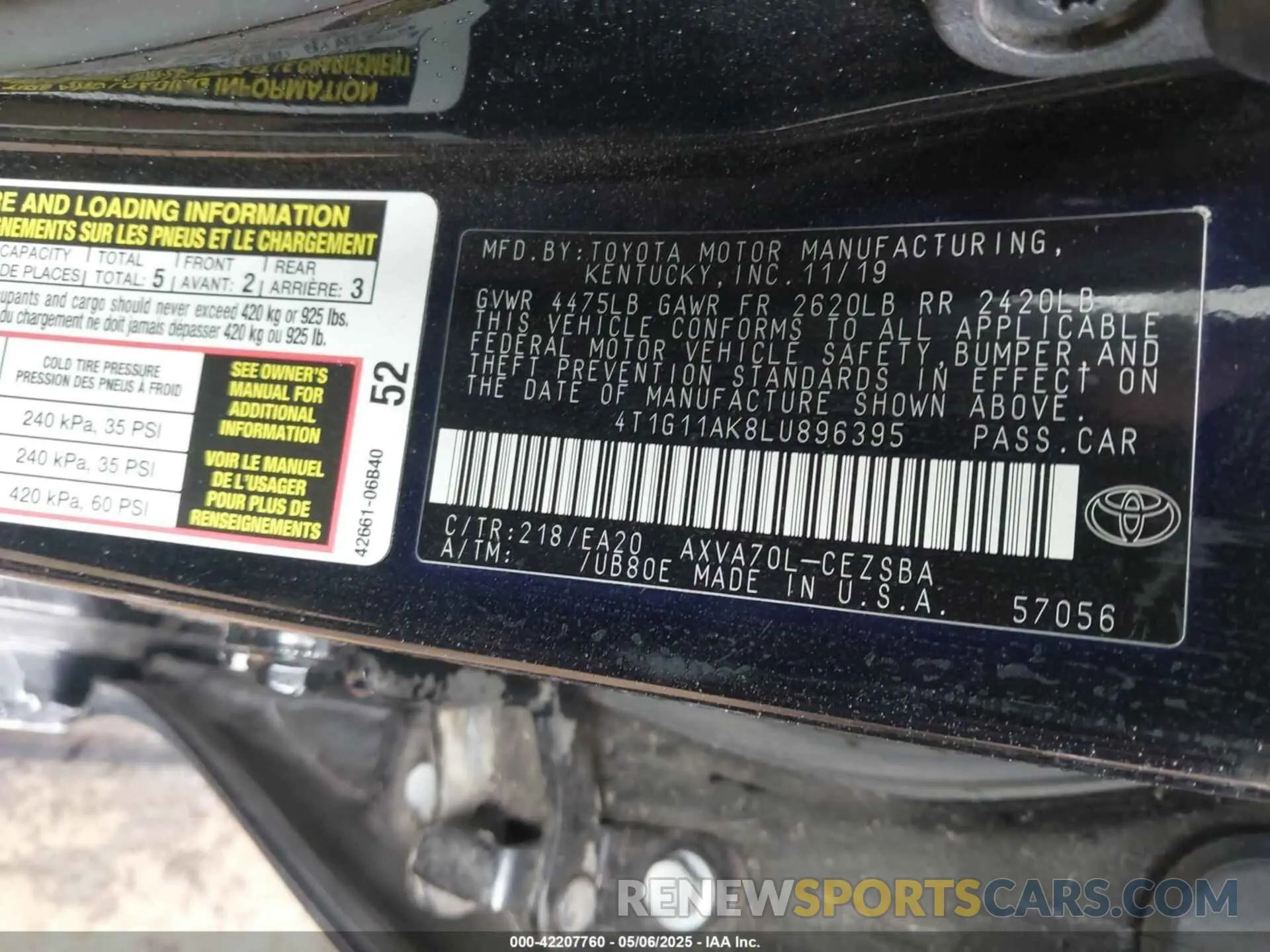9 Photograph of a damaged car 4T1G11AK8LU896395 TOYOTA CAMRY 2020