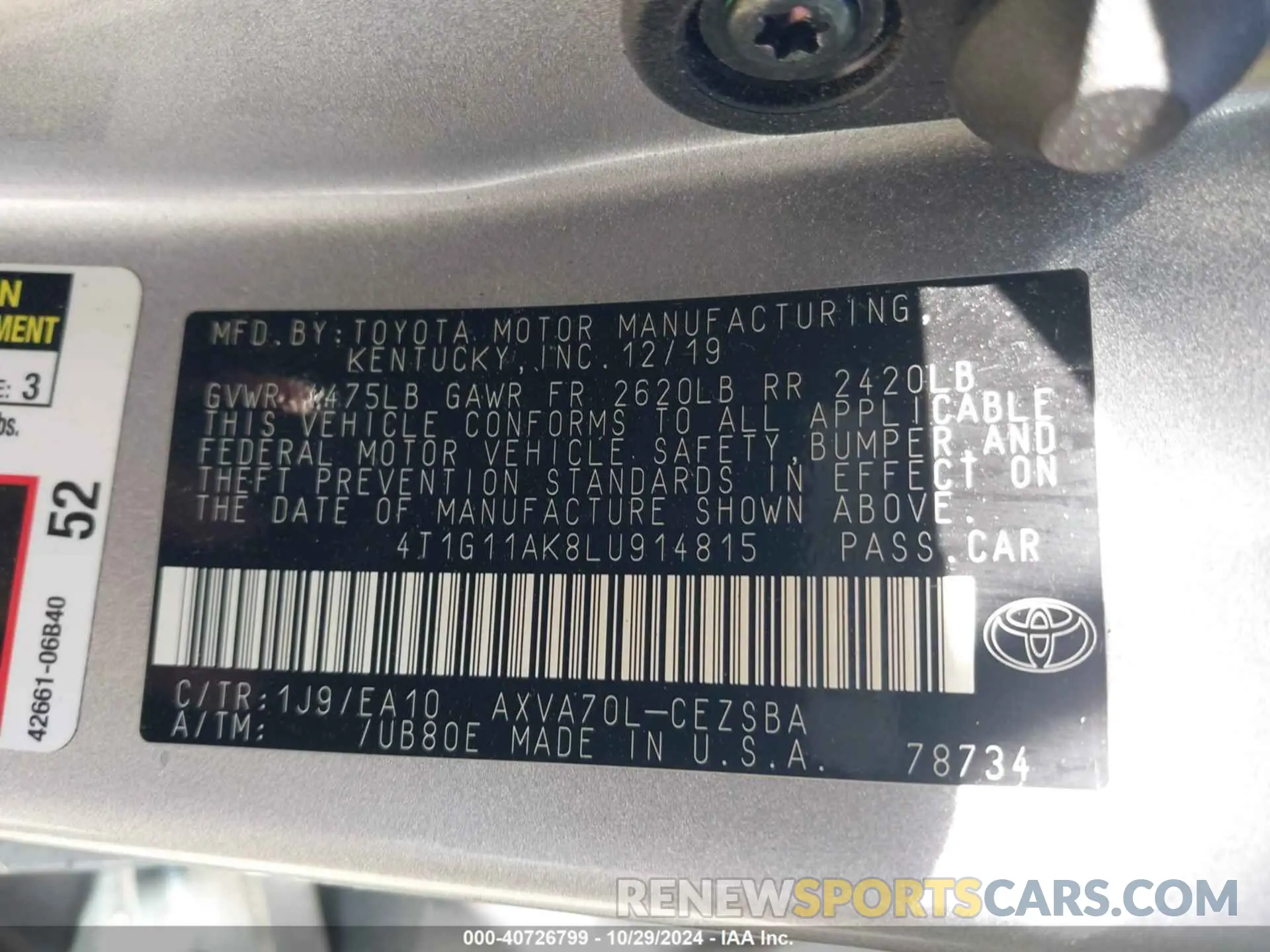 9 Photograph of a damaged car 4T1G11AK8LU914815 TOYOTA CAMRY 2020