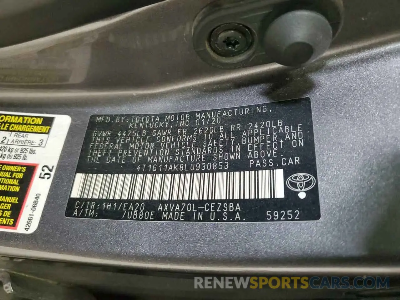 12 Photograph of a damaged car 4T1G11AK8LU930853 TOYOTA CAMRY 2020