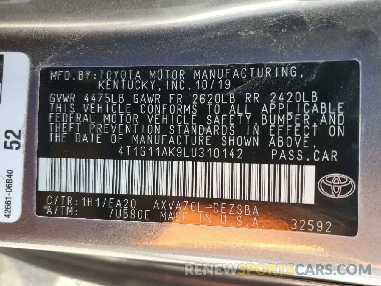 13 Photograph of a damaged car 4T1G11AK9LU310142 TOYOTA CAMRY 2020