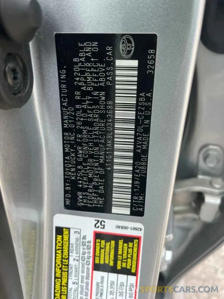 12 Photograph of a damaged car 4T1G11AK9LU343688 TOYOTA CAMRY 2020