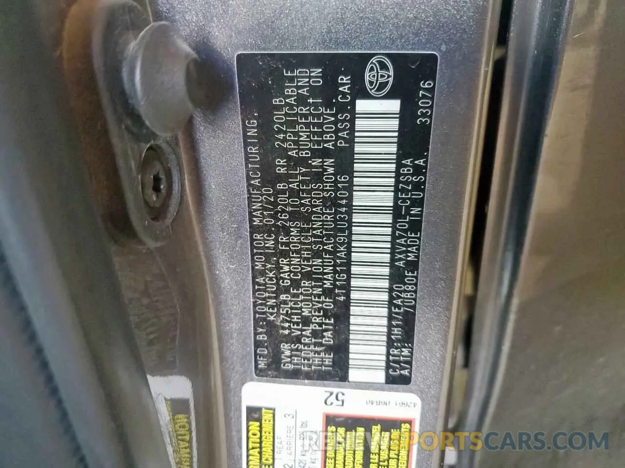 13 Photograph of a damaged car 4T1G11AK9LU344016 TOYOTA CAMRY 2020