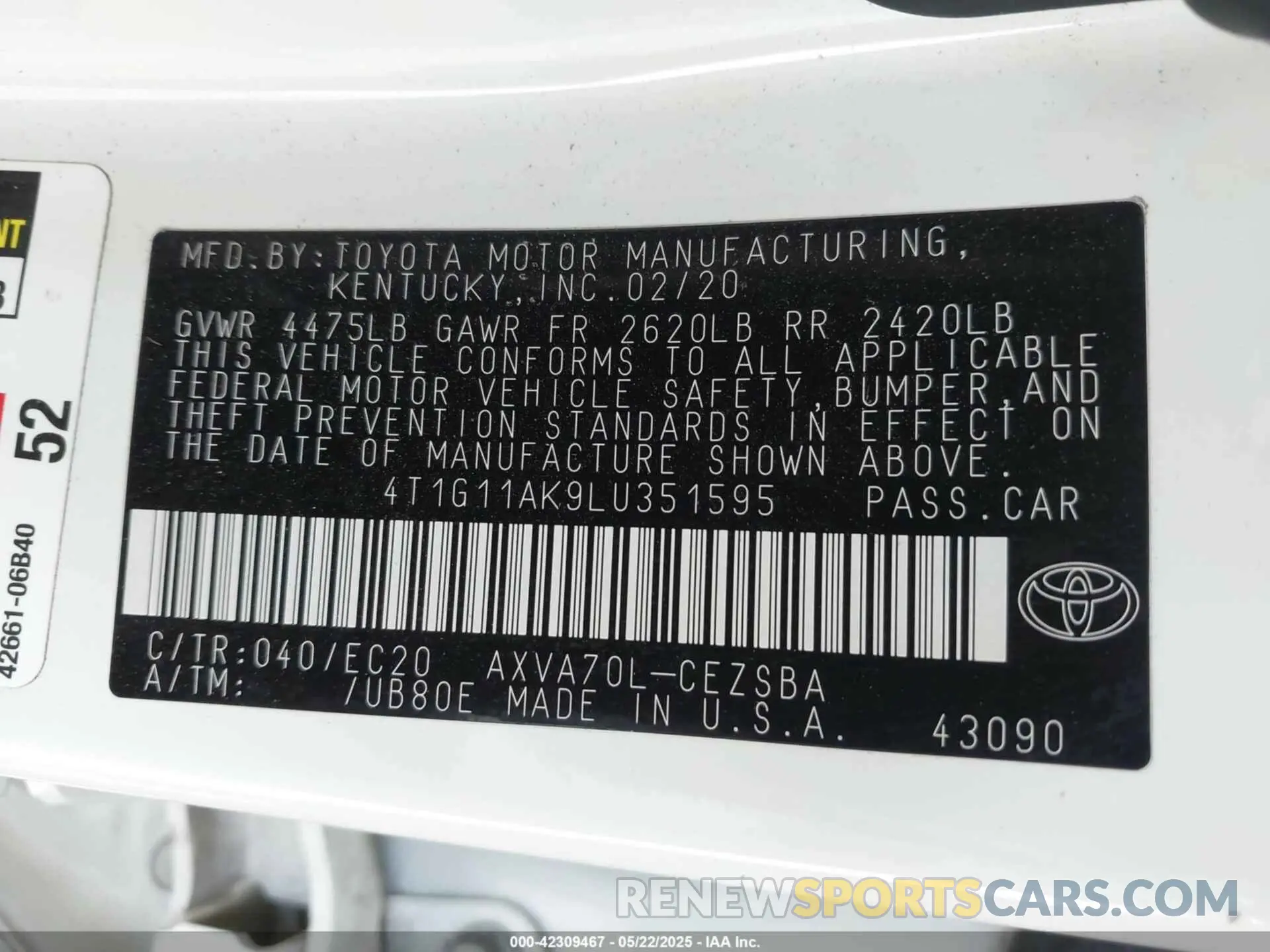 9 Photograph of a damaged car 4T1G11AK9LU351595 TOYOTA CAMRY 2020