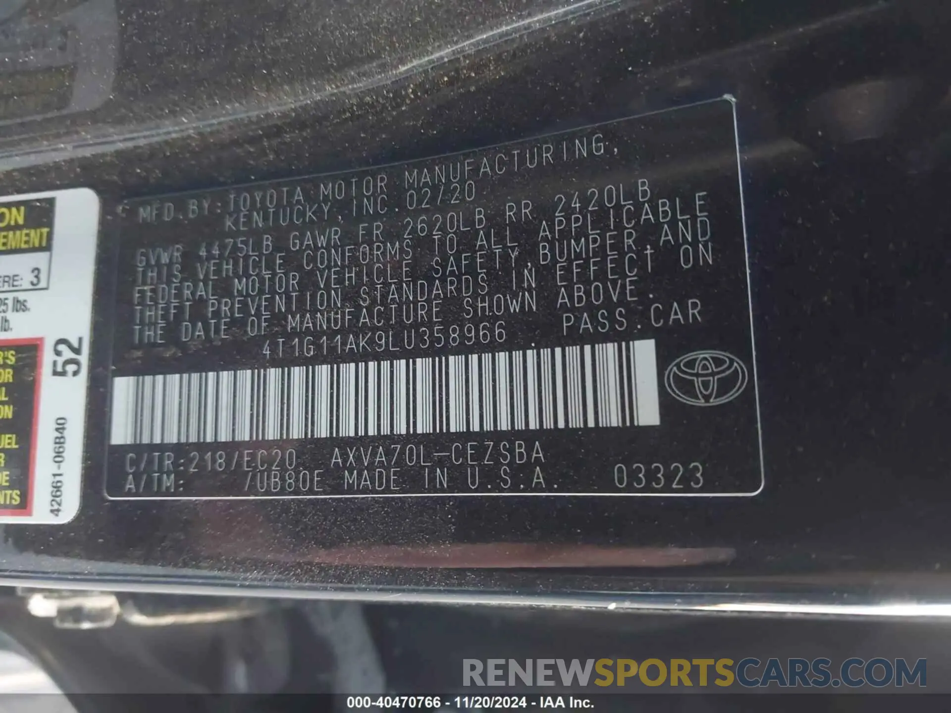 9 Photograph of a damaged car 4T1G11AK9LU358966 TOYOTA CAMRY 2020