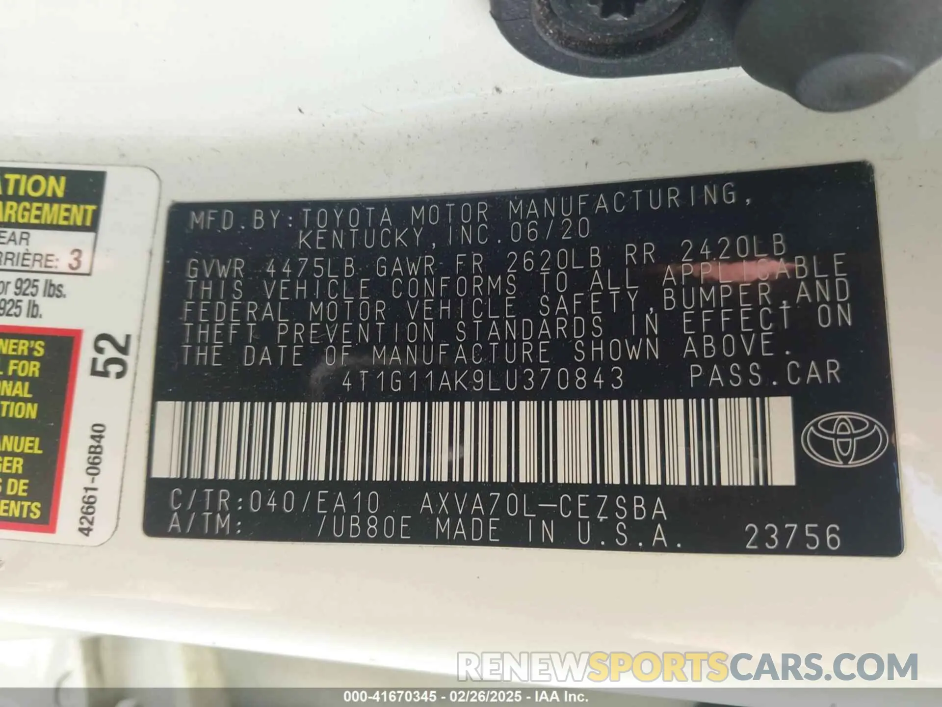 9 Photograph of a damaged car 4T1G11AK9LU370843 TOYOTA CAMRY 2020