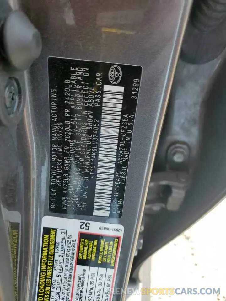 12 Photograph of a damaged car 4T1G11AK9LU374052 TOYOTA CAMRY 2020
