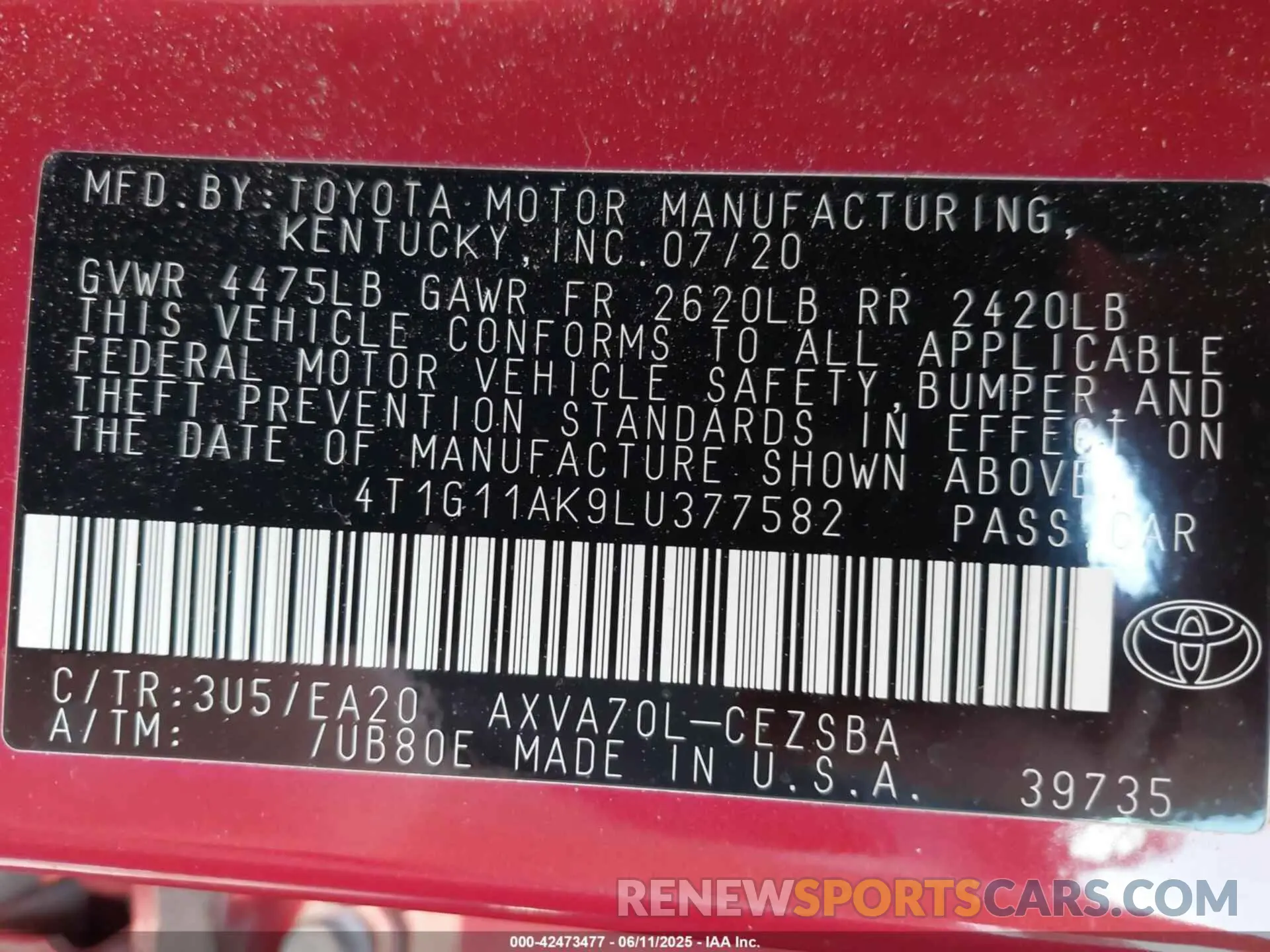 9 Photograph of a damaged car 4T1G11AK9LU377582 TOYOTA CAMRY 2020