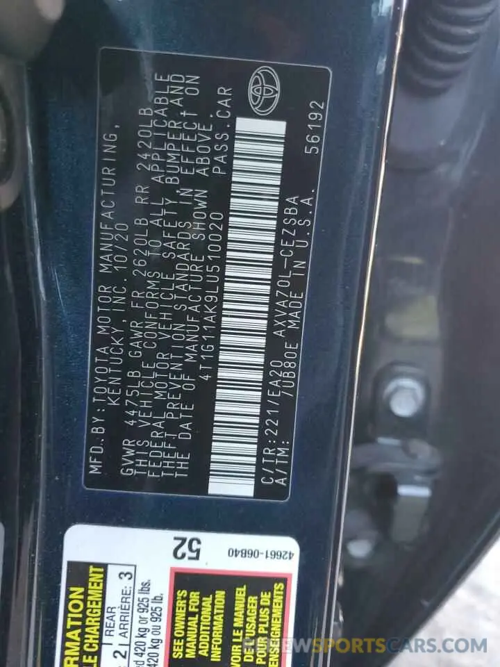 12 Photograph of a damaged car 4T1G11AK9LU510020 TOYOTA CAMRY 2020