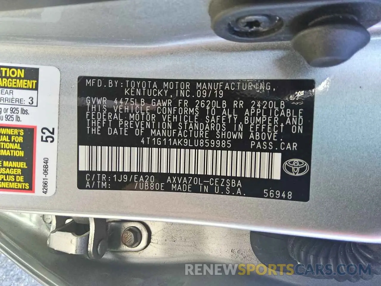 12 Photograph of a damaged car 4T1G11AK9LU859985 TOYOTA CAMRY 2020