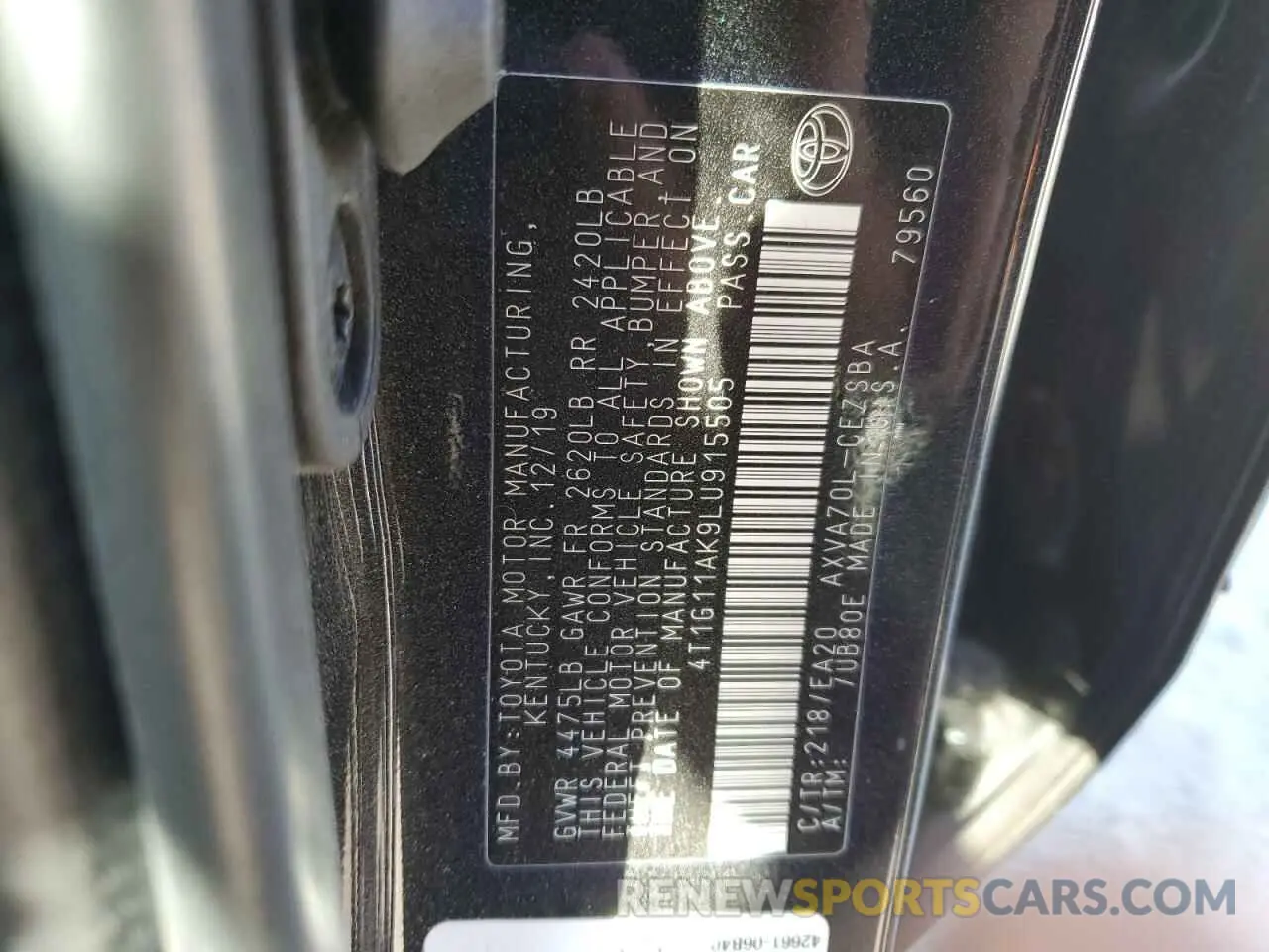 12 Photograph of a damaged car 4T1G11AK9LU915505 TOYOTA CAMRY 2020