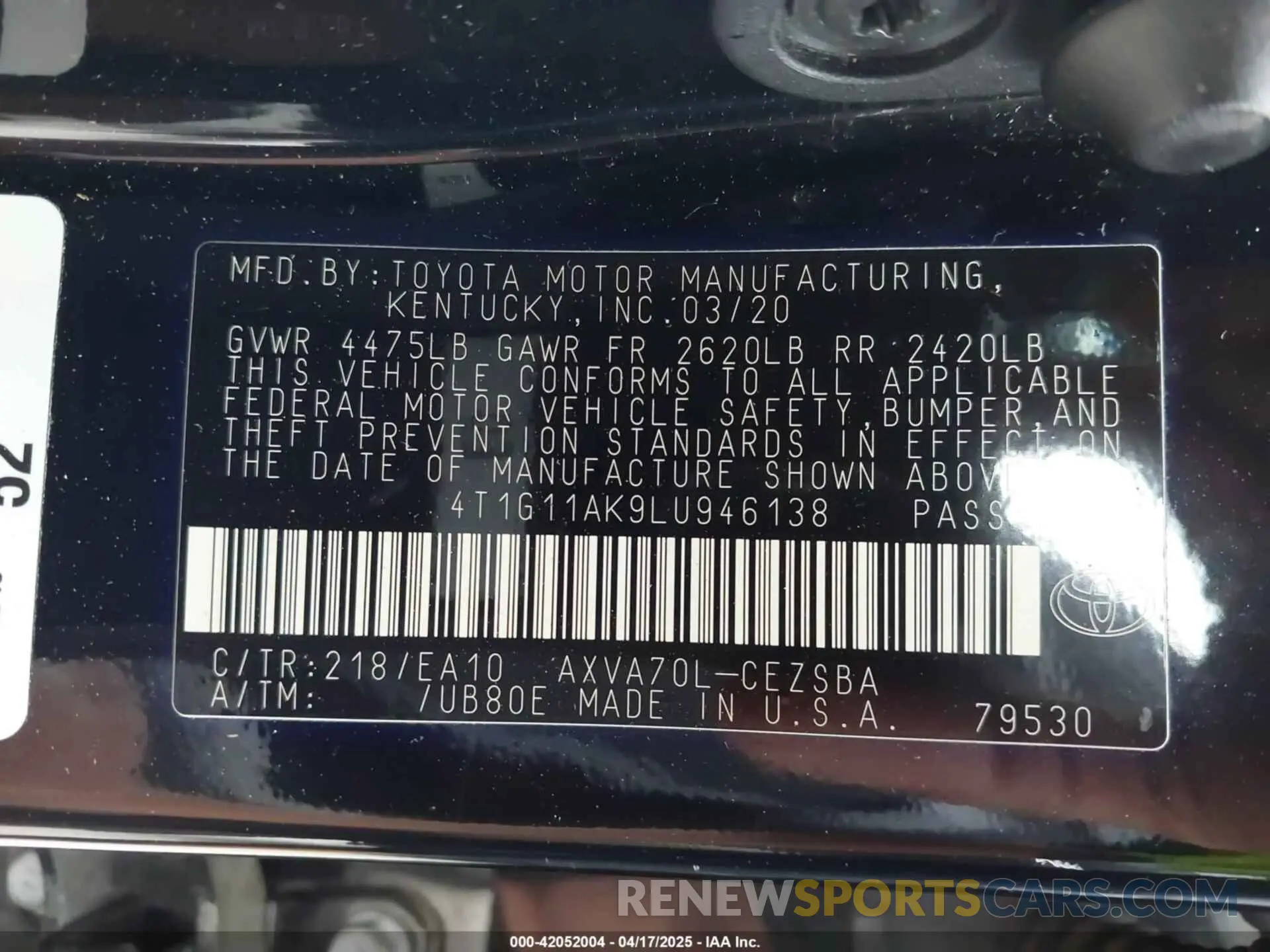 9 Photograph of a damaged car 4T1G11AK9LU946138 TOYOTA CAMRY 2020