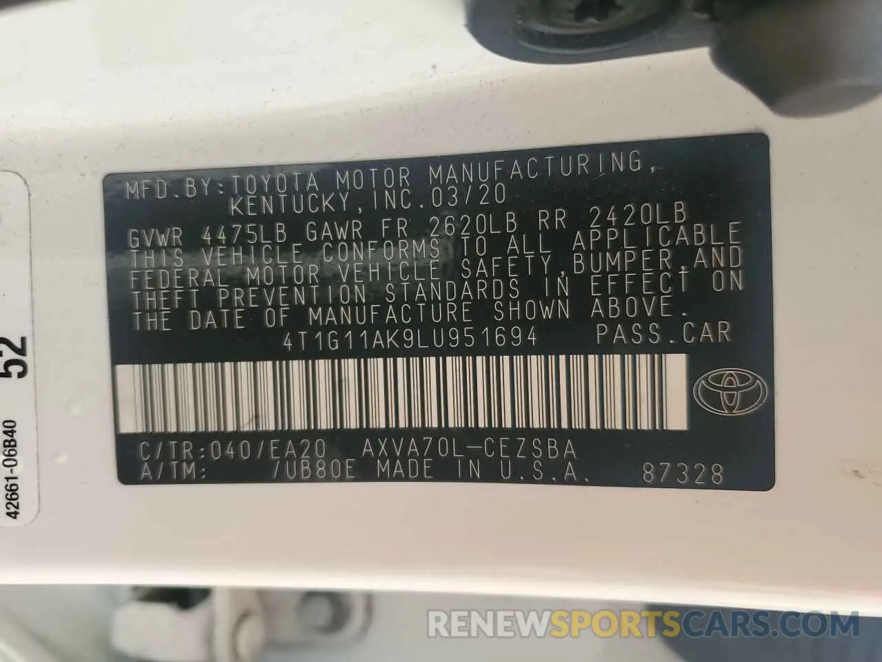 13 Photograph of a damaged car 4T1G11AK9LU951694 TOYOTA CAMRY 2020