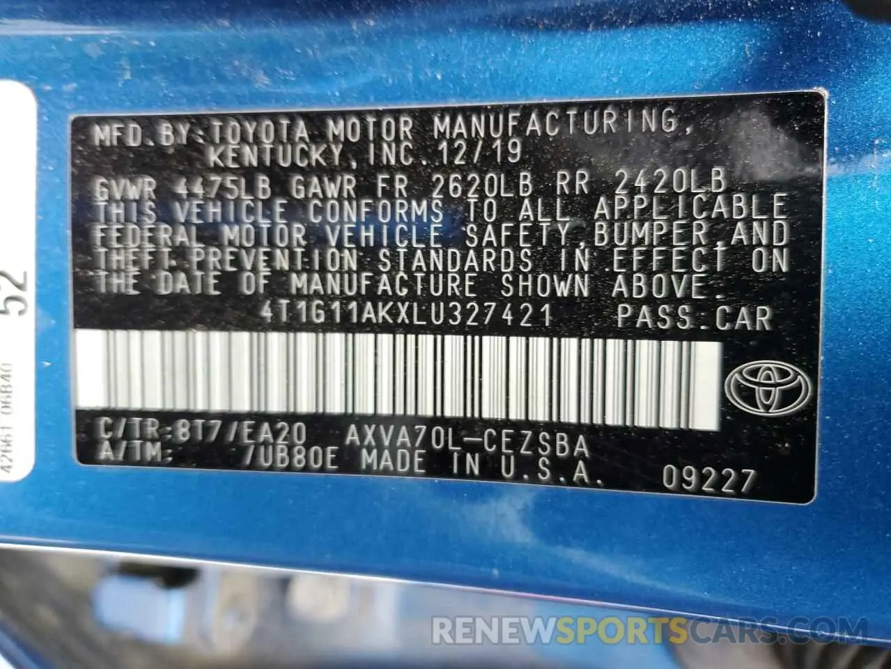 13 Photograph of a damaged car 4T1G11AKXLU327421 TOYOTA CAMRY 2020