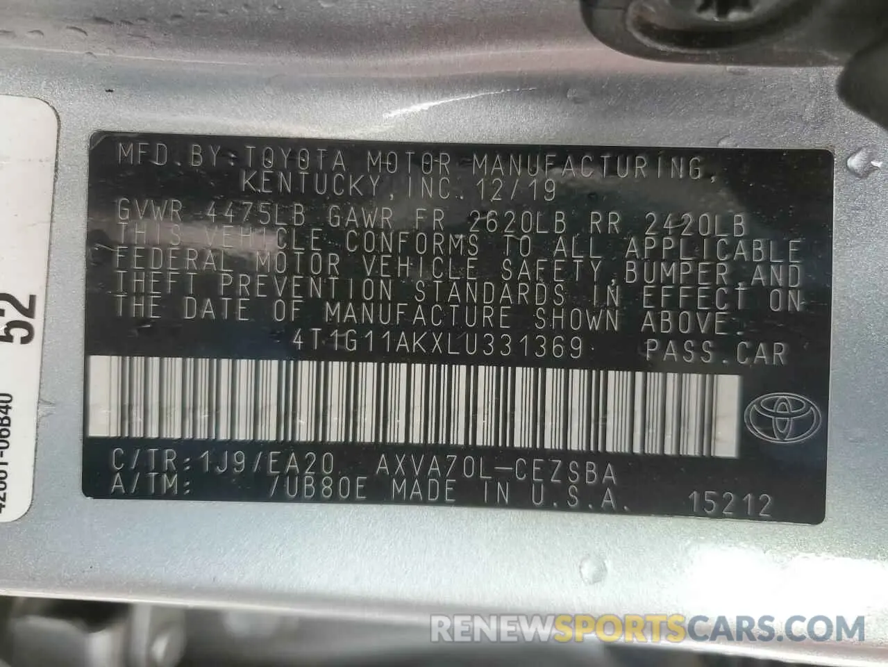 12 Photograph of a damaged car 4T1G11AKXLU331369 TOYOTA CAMRY 2020