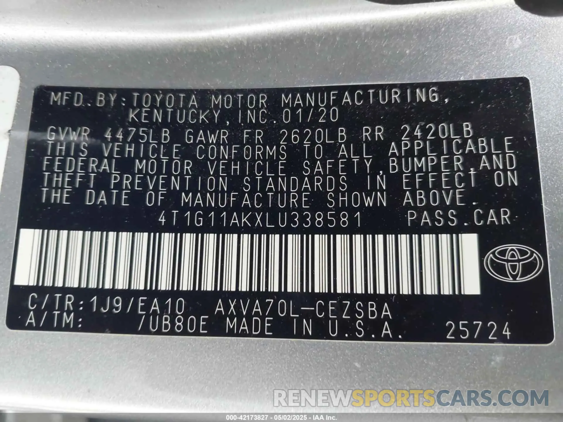 9 Photograph of a damaged car 4T1G11AKXLU338581 TOYOTA CAMRY 2020