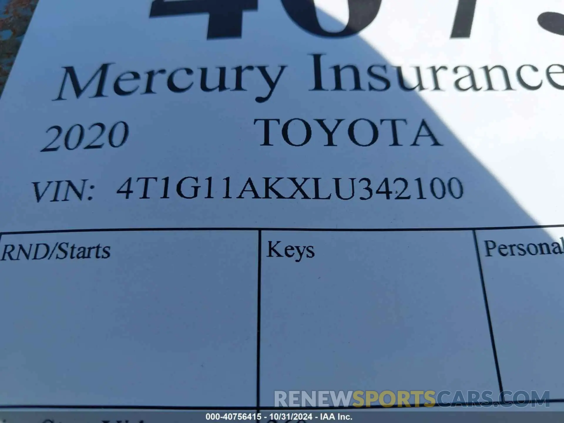 9 Photograph of a damaged car 4T1G11AKXLU342100 TOYOTA CAMRY 2020