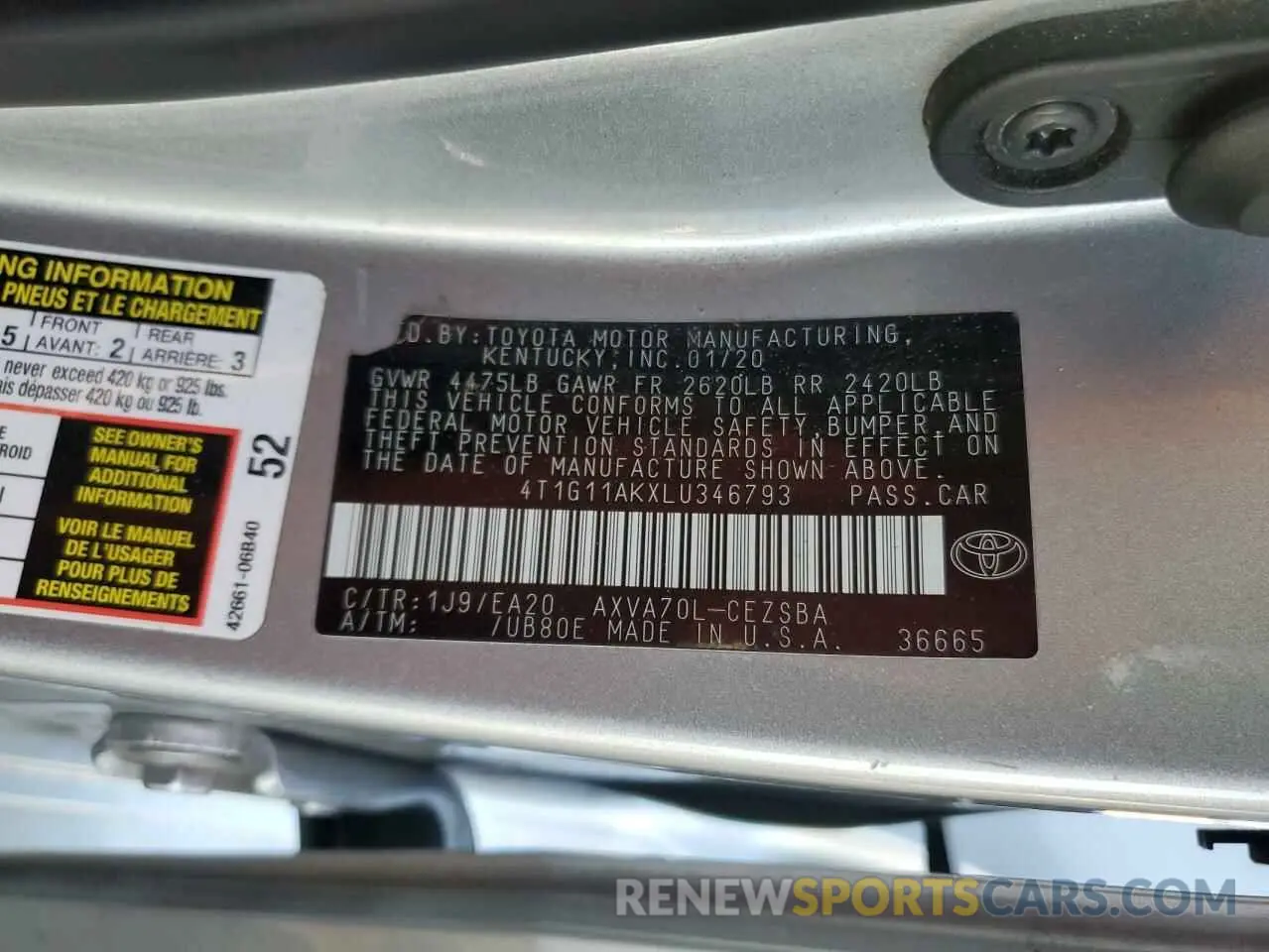 12 Photograph of a damaged car 4T1G11AKXLU346793 TOYOTA CAMRY 2020