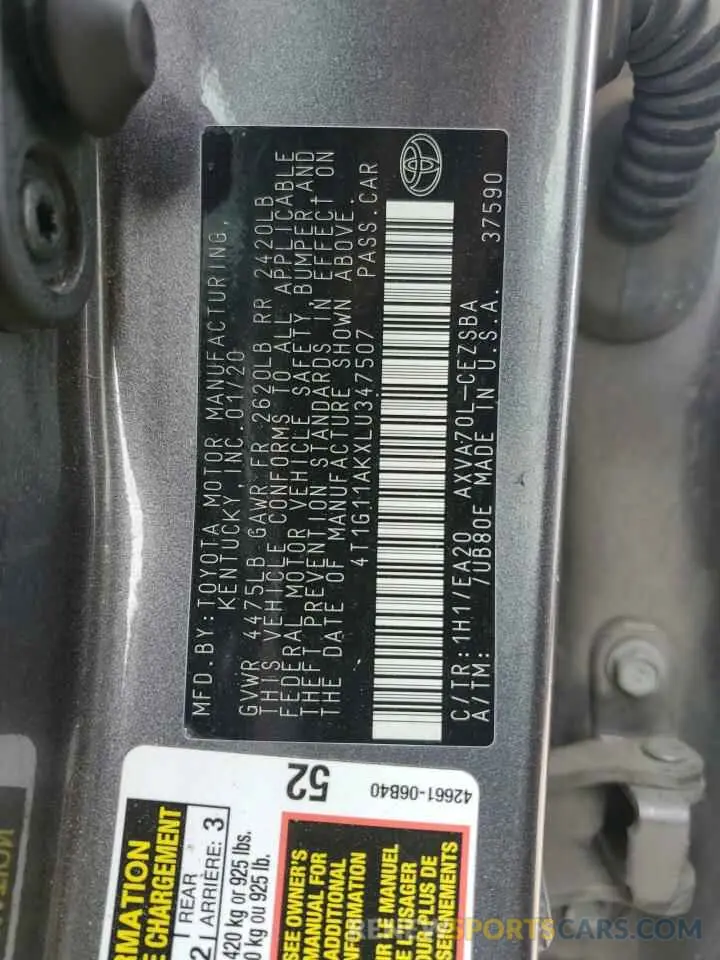 12 Photograph of a damaged car 4T1G11AKXLU347507 TOYOTA CAMRY 2020