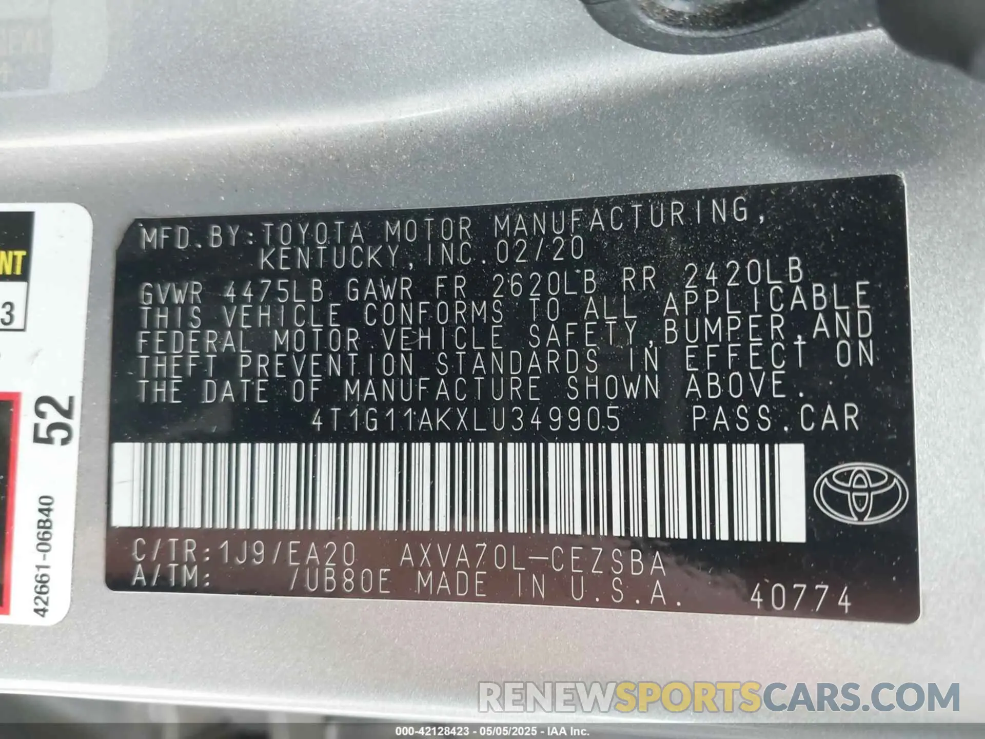 9 Photograph of a damaged car 4T1G11AKXLU349905 TOYOTA CAMRY 2020