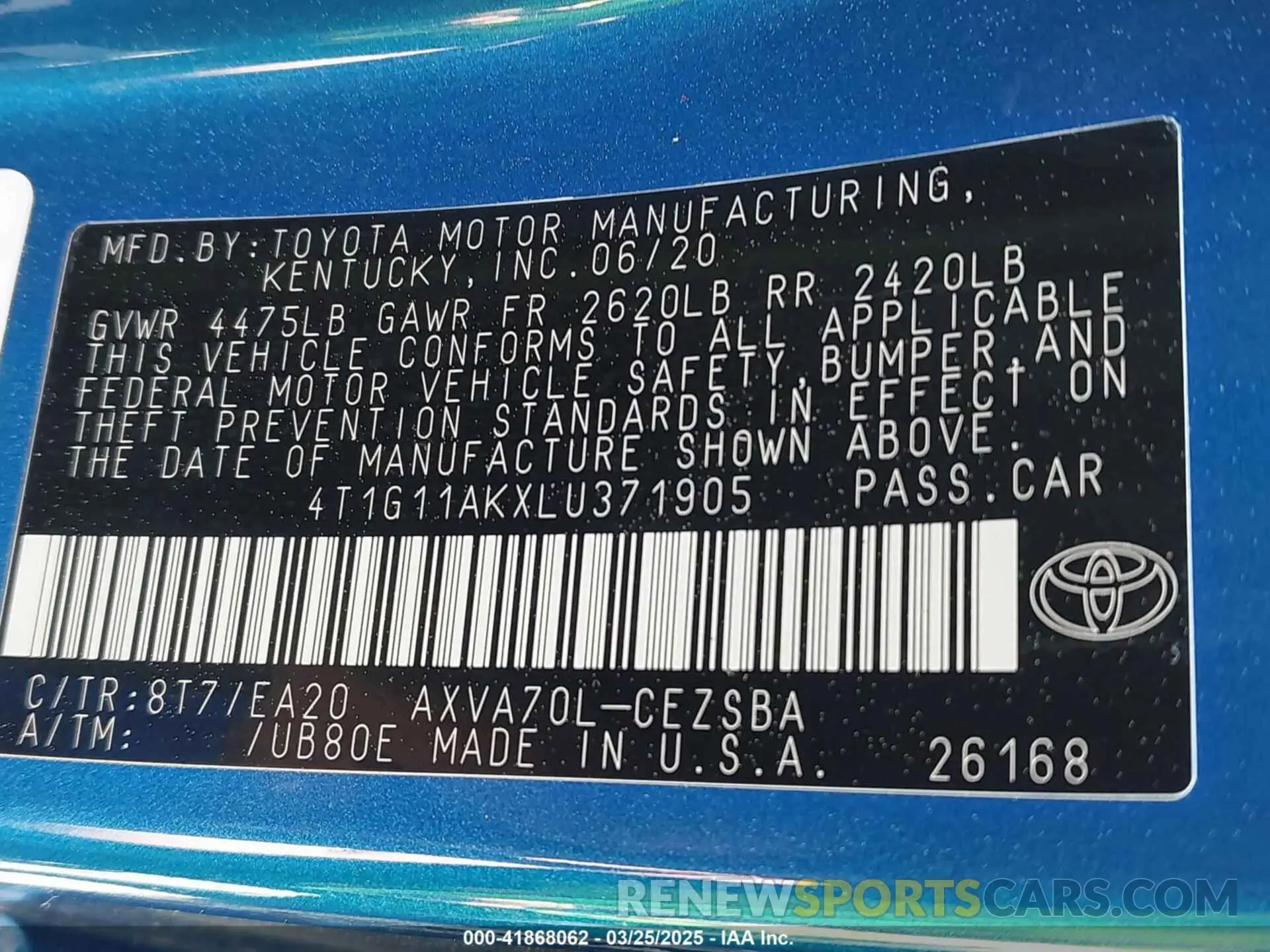 9 Photograph of a damaged car 4T1G11AKXLU371905 TOYOTA CAMRY 2020