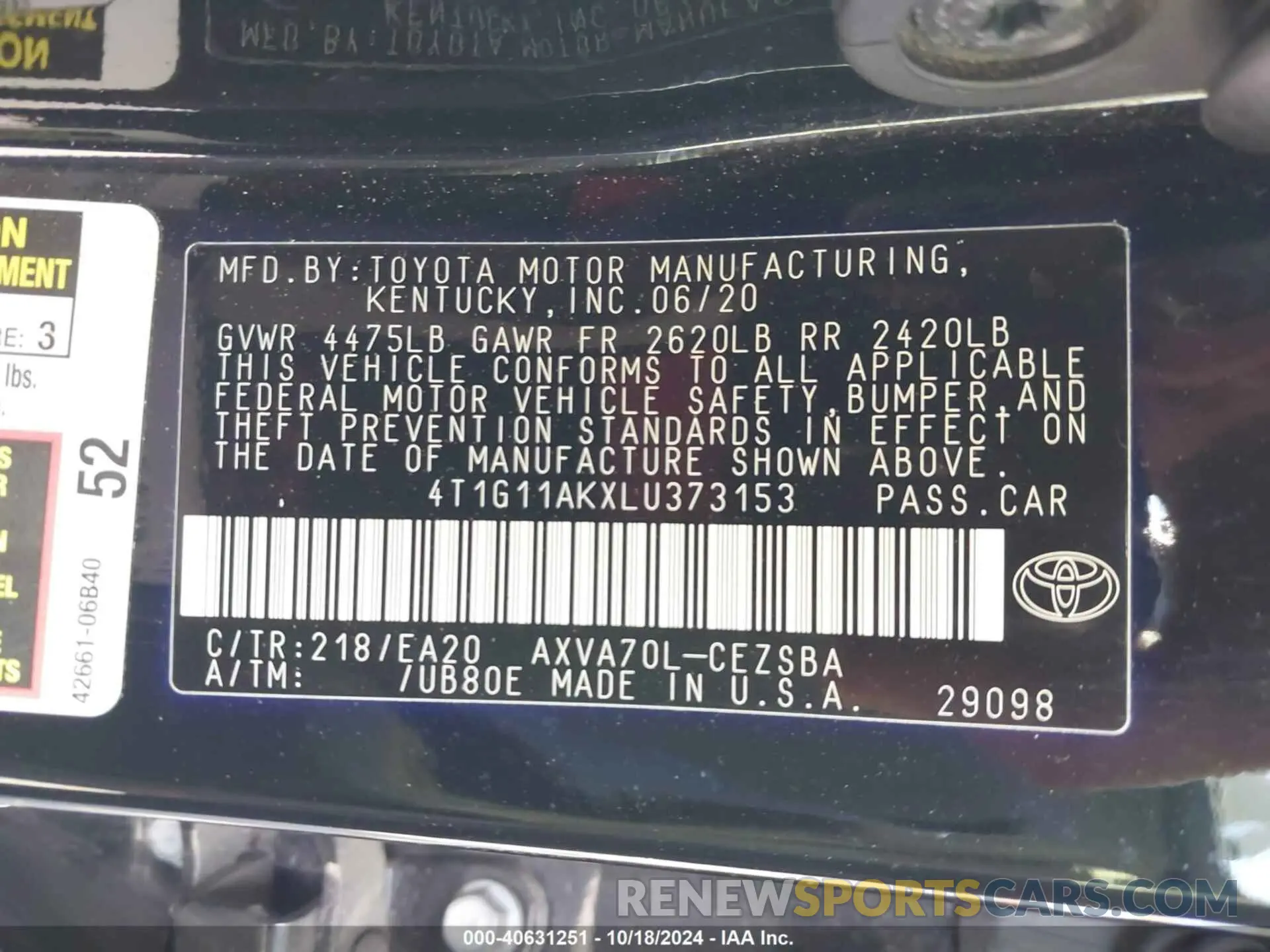 9 Photograph of a damaged car 4T1G11AKXLU373153 TOYOTA CAMRY 2020