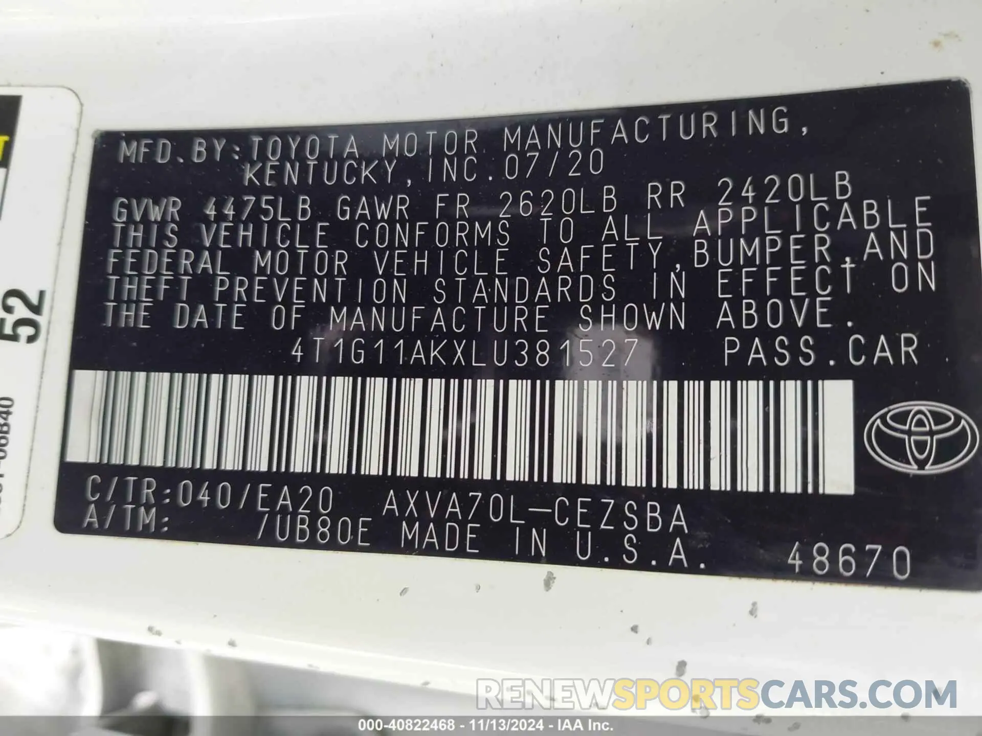 9 Photograph of a damaged car 4T1G11AKXLU381527 TOYOTA CAMRY 2020