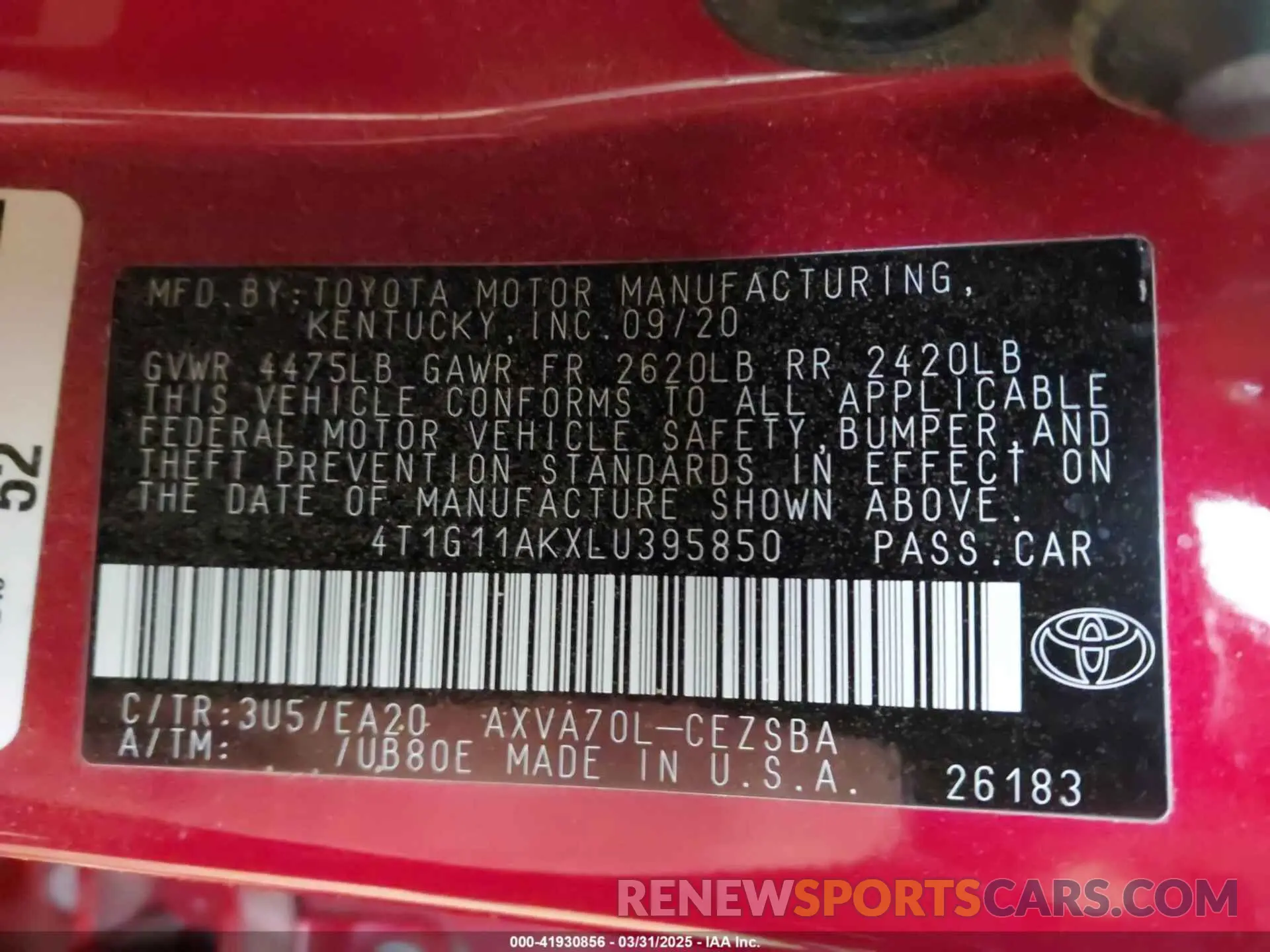 9 Photograph of a damaged car 4T1G11AKXLU395850 TOYOTA CAMRY 2020
