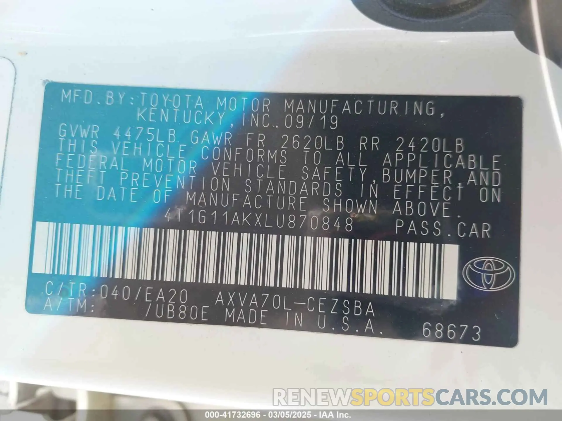 9 Photograph of a damaged car 4T1G11AKXLU870848 TOYOTA CAMRY 2020