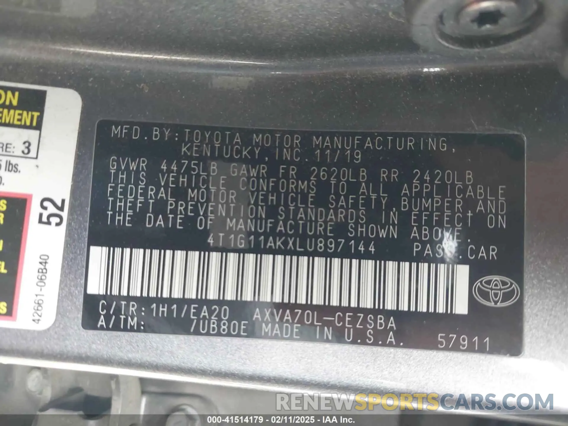 9 Photograph of a damaged car 4T1G11AKXLU897144 TOYOTA CAMRY 2020