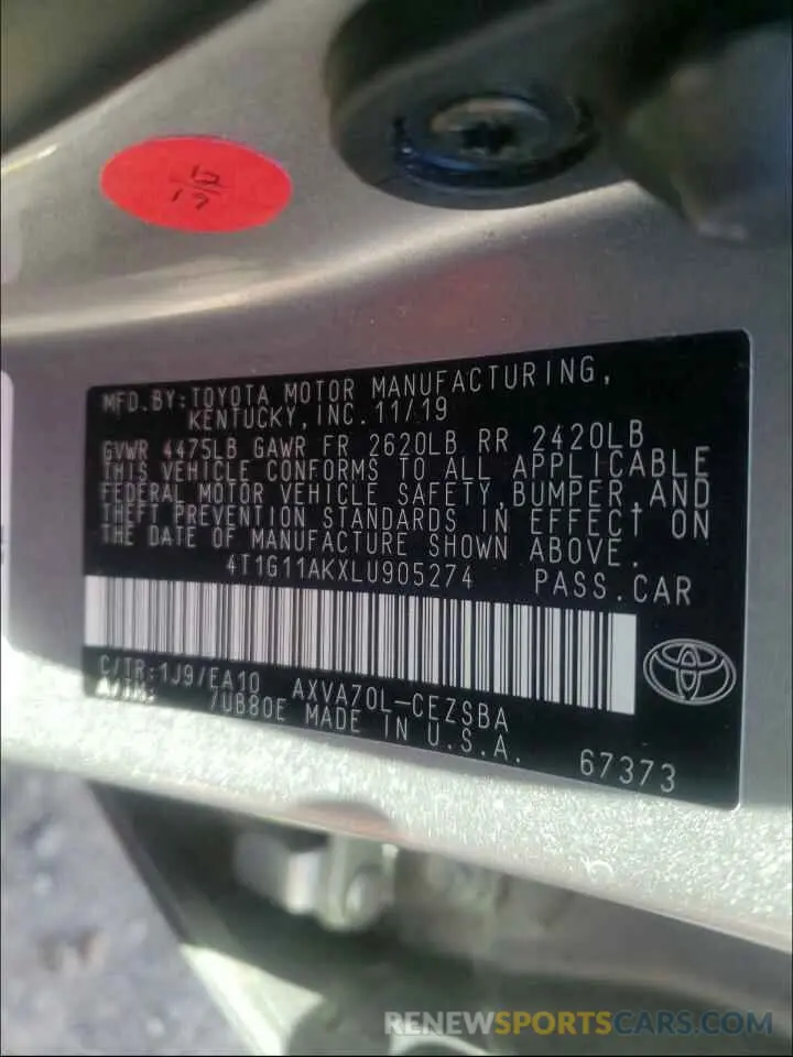 10 Photograph of a damaged car 4T1G11AKXLU905274 TOYOTA CAMRY 2020