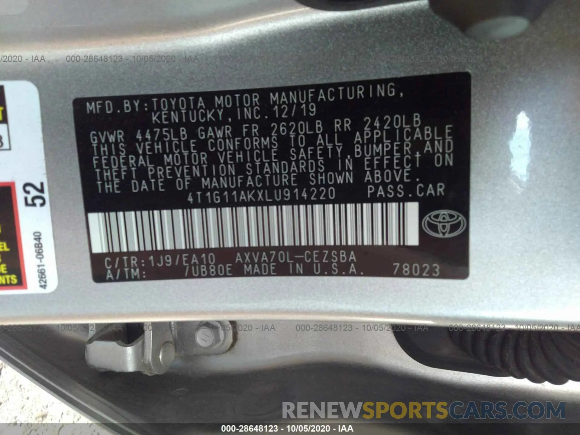 9 Photograph of a damaged car 4T1G11AKXLU914220 TOYOTA CAMRY 2020