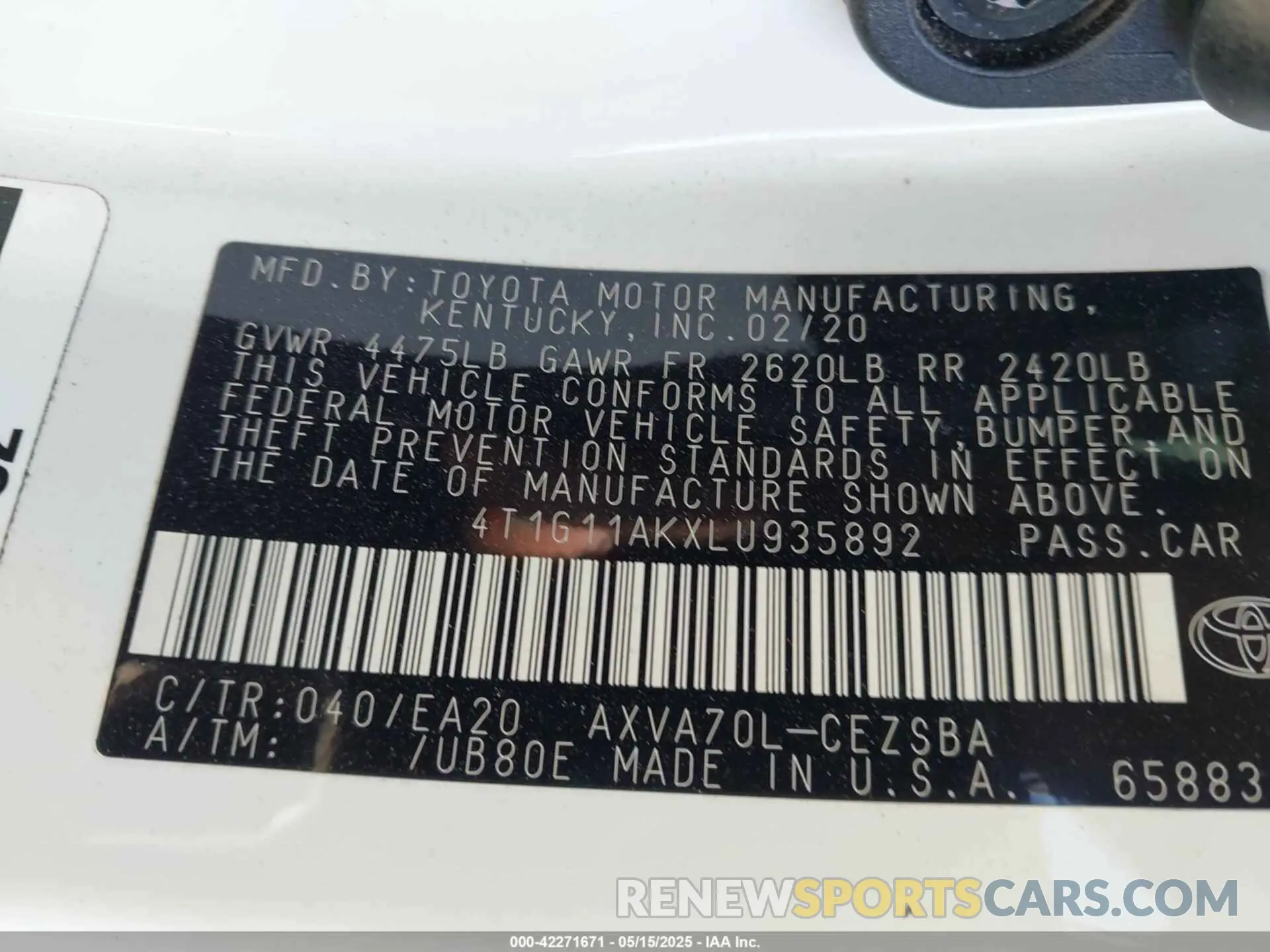 9 Photograph of a damaged car 4T1G11AKXLU935892 TOYOTA CAMRY 2020