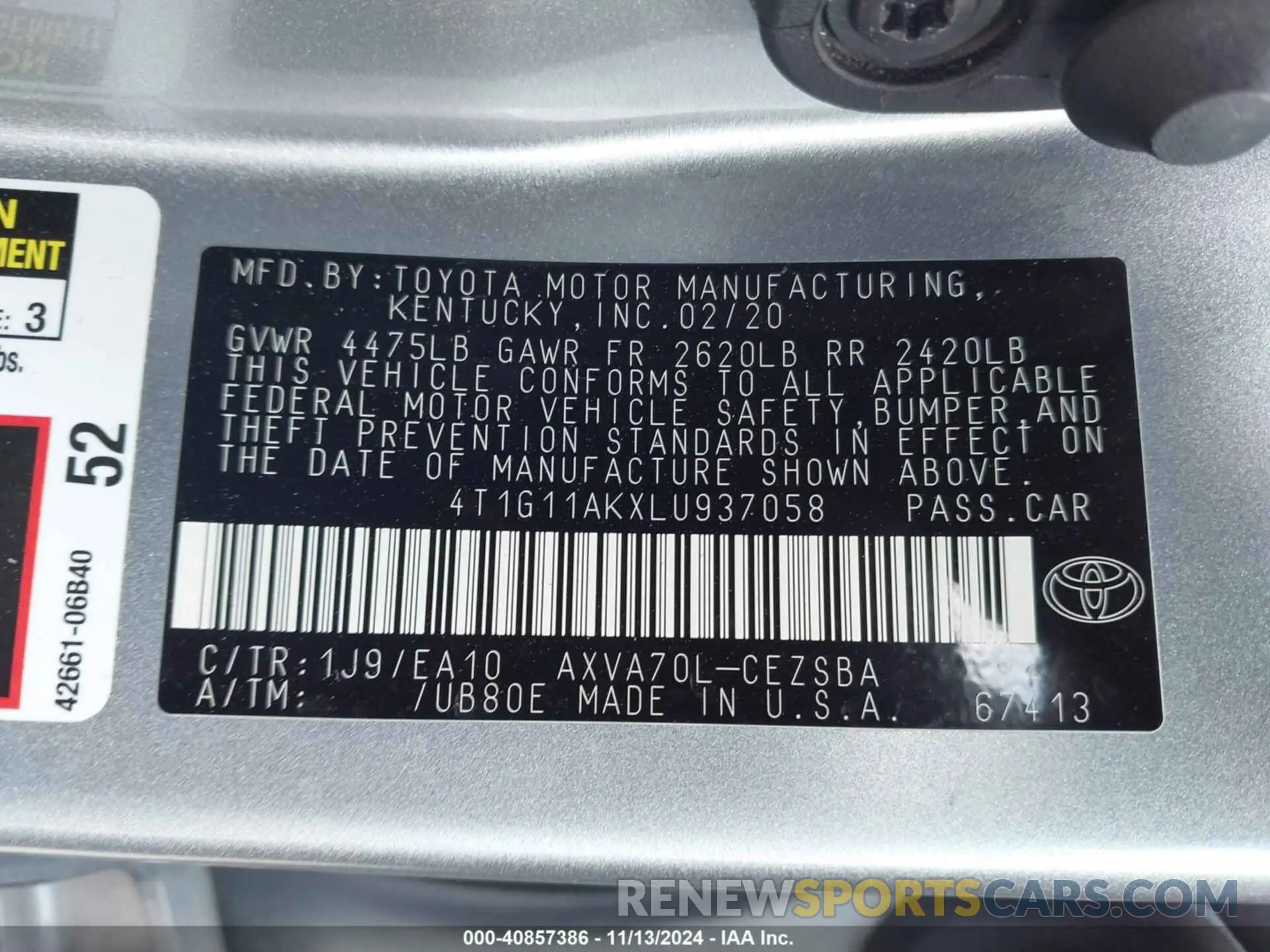 9 Photograph of a damaged car 4T1G11AKXLU937058 TOYOTA CAMRY 2020