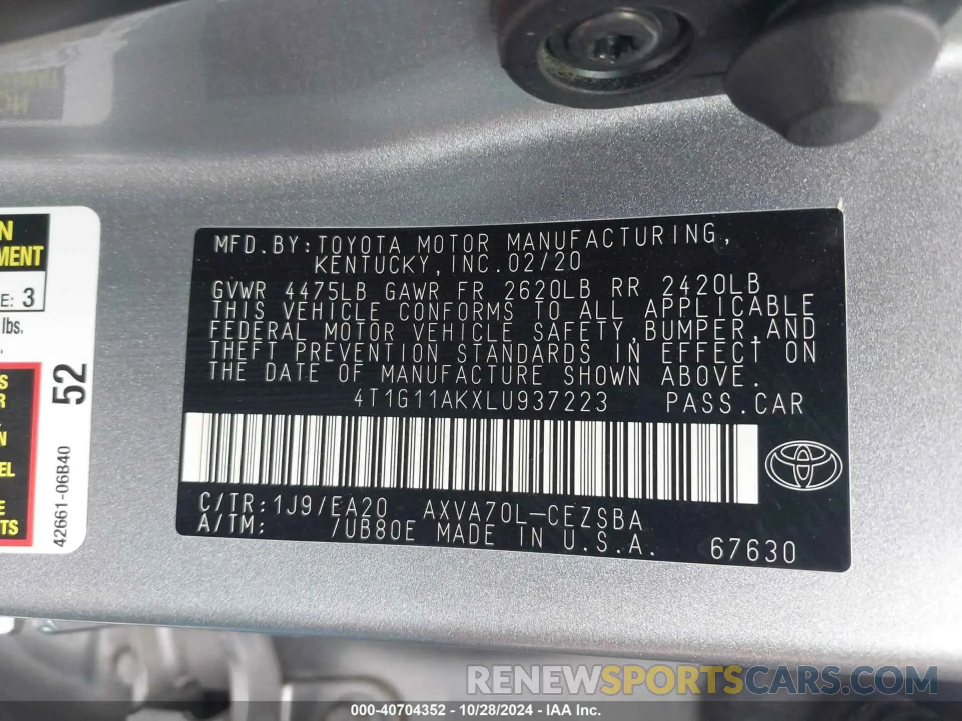 9 Photograph of a damaged car 4T1G11AKXLU937223 TOYOTA CAMRY 2020