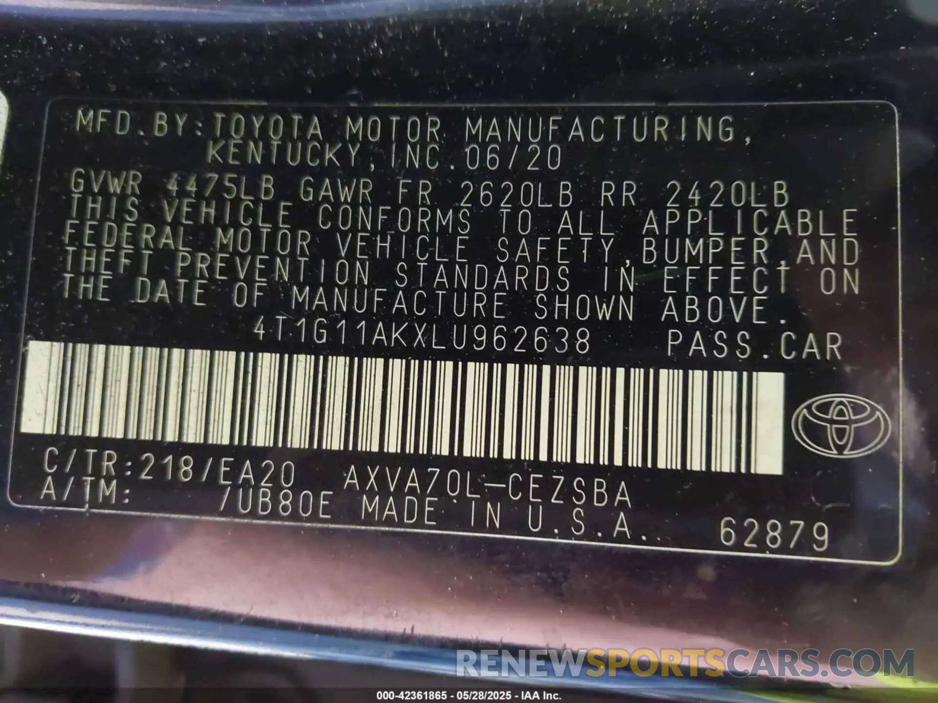 9 Photograph of a damaged car 4T1G11AKXLU962638 TOYOTA CAMRY 2020