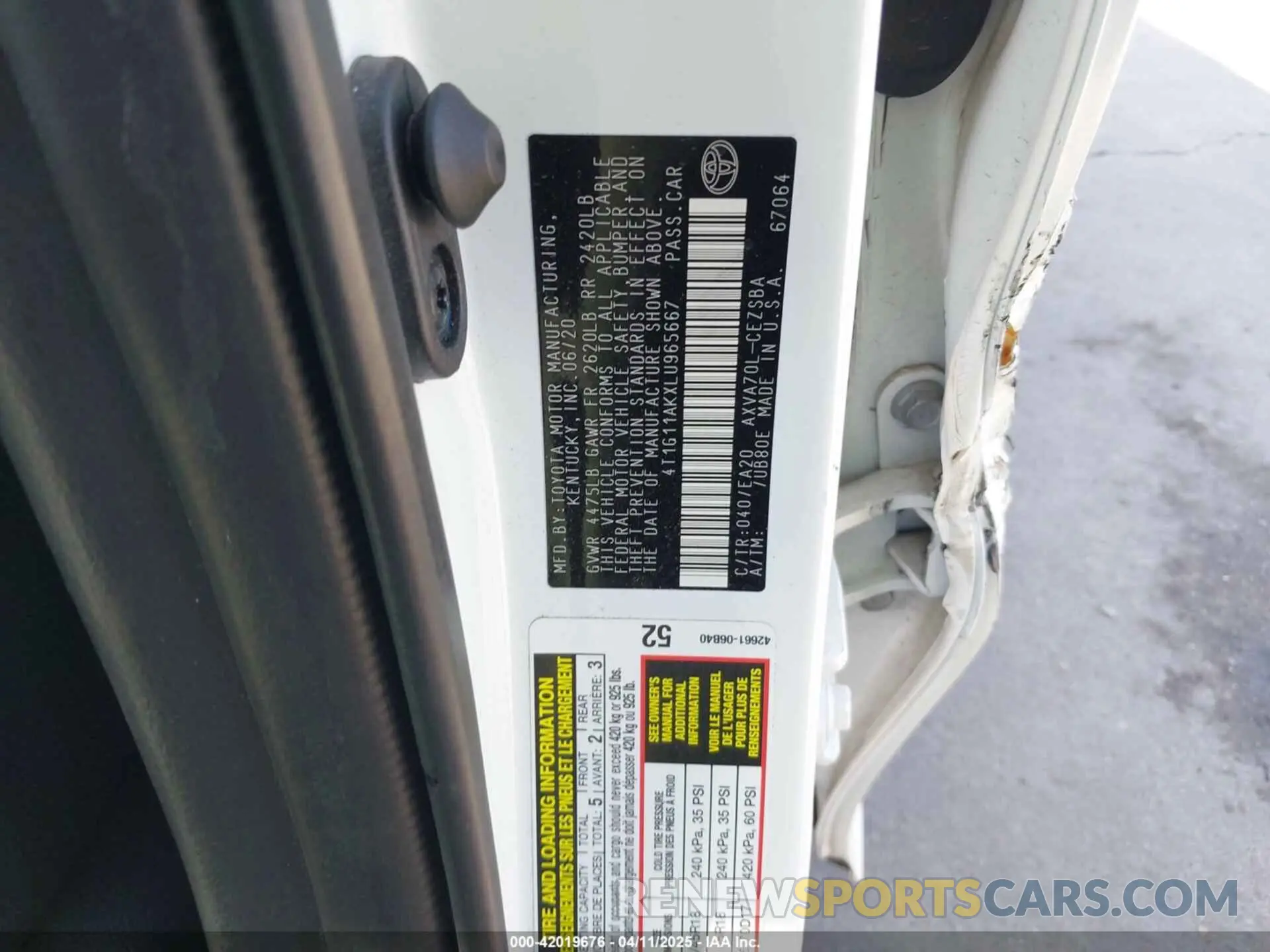 9 Photograph of a damaged car 4T1G11AKXLU965667 TOYOTA CAMRY 2020