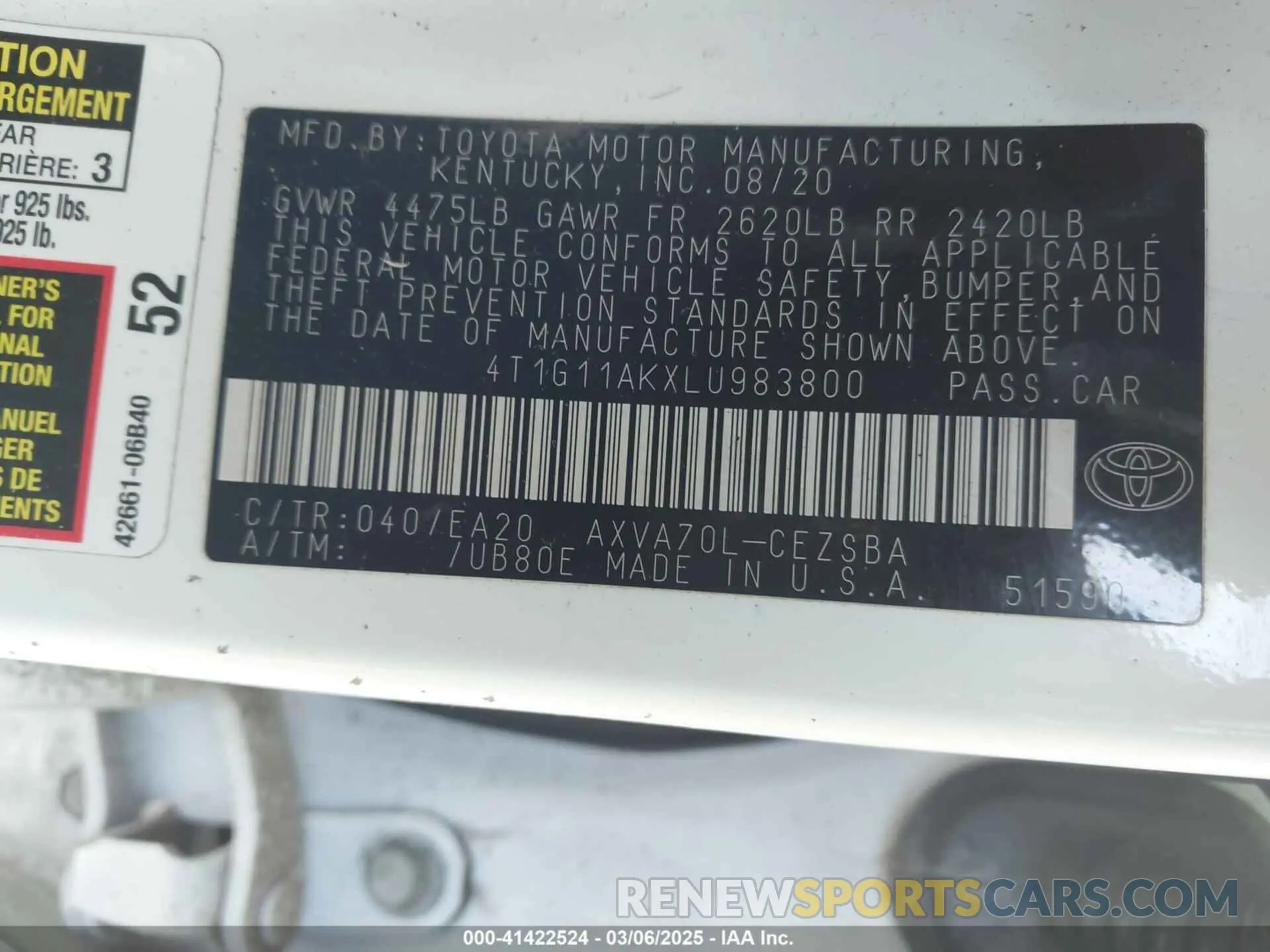 9 Photograph of a damaged car 4T1G11AKXLU983800 TOYOTA CAMRY 2020