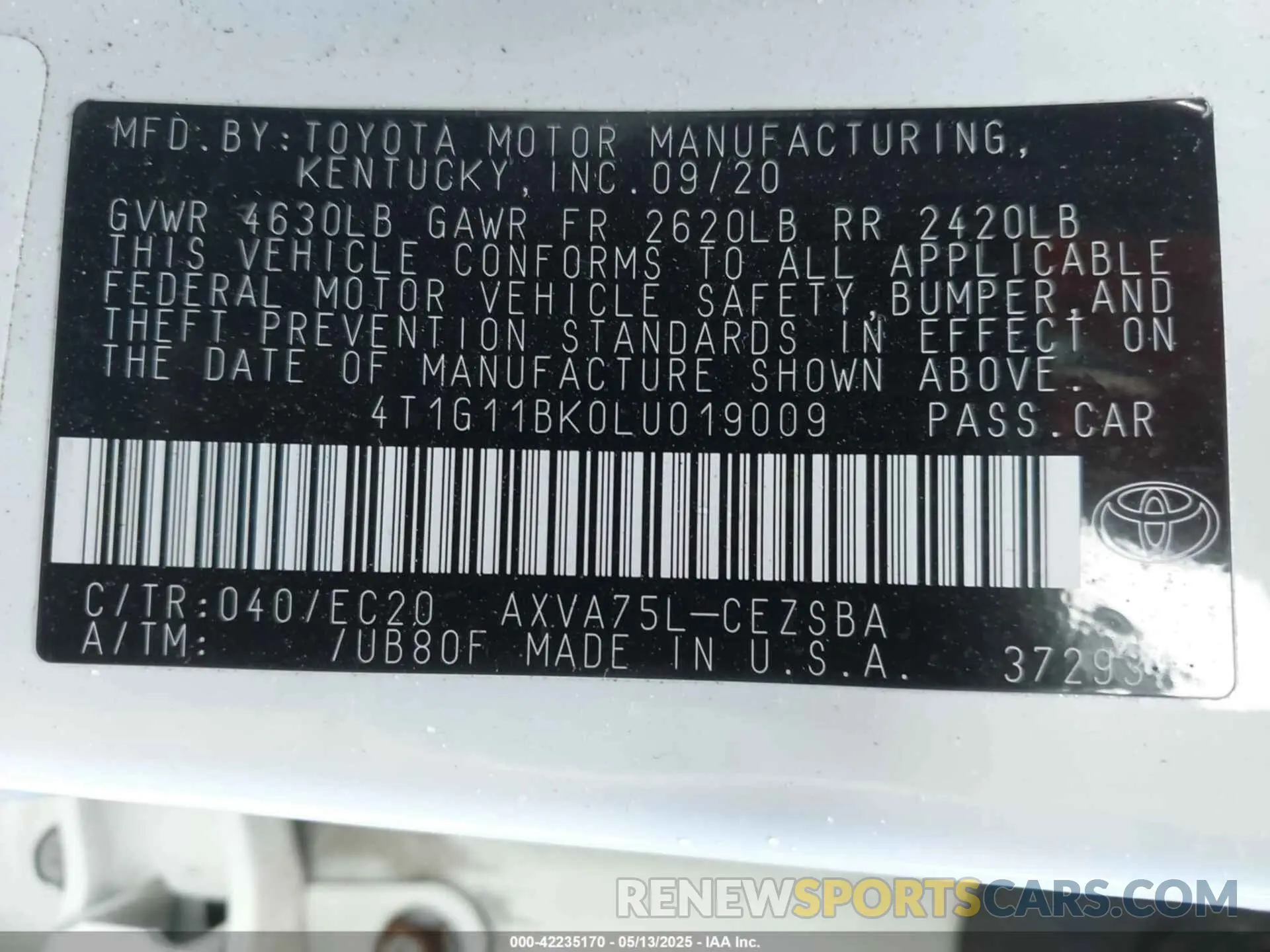 9 Photograph of a damaged car 4T1G11BK0LU019009 TOYOTA CAMRY 2020