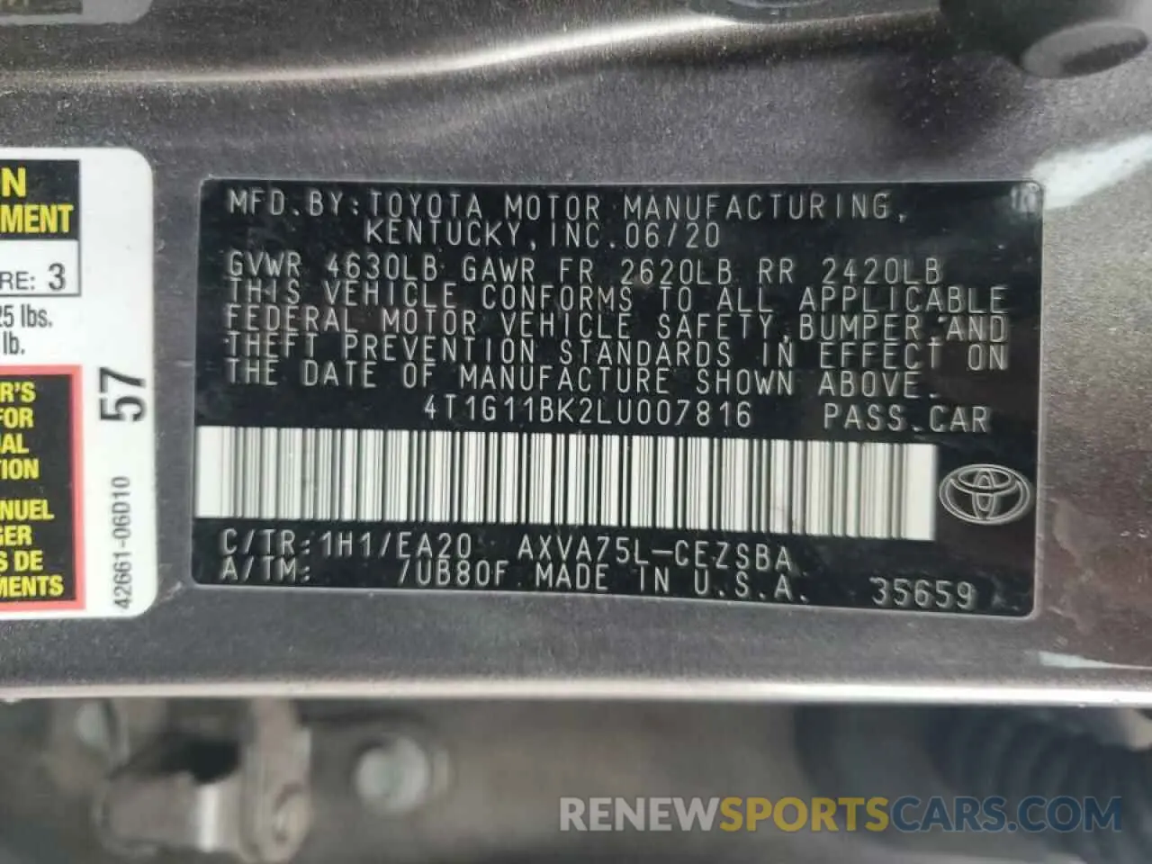 14 Photograph of a damaged car 4T1G11BK2LU007816 TOYOTA CAMRY 2020