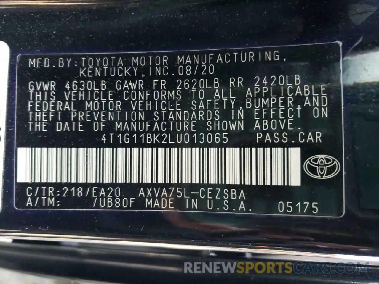 12 Photograph of a damaged car 4T1G11BK2LU013065 TOYOTA CAMRY 2020