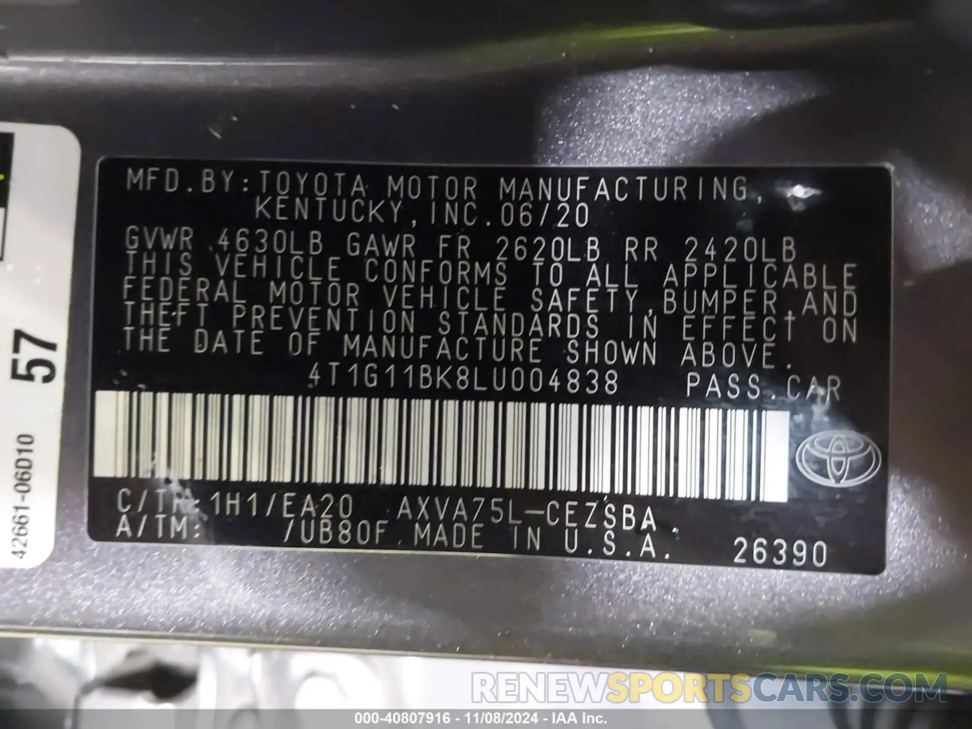 9 Photograph of a damaged car 4T1G11BK8LU004838 TOYOTA CAMRY 2020