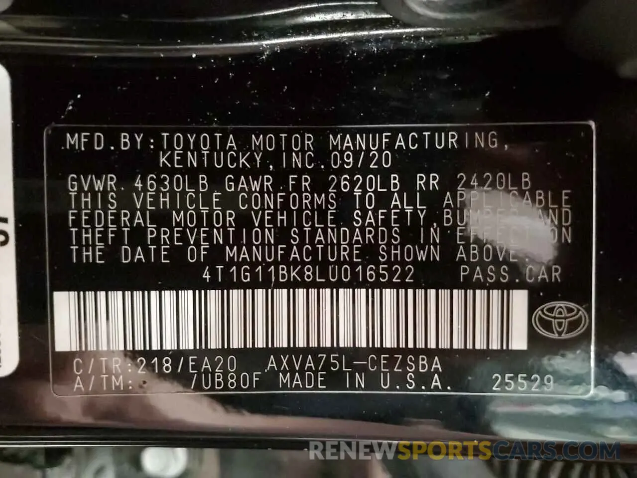 13 Photograph of a damaged car 4T1G11BK8LU016522 TOYOTA CAMRY 2020